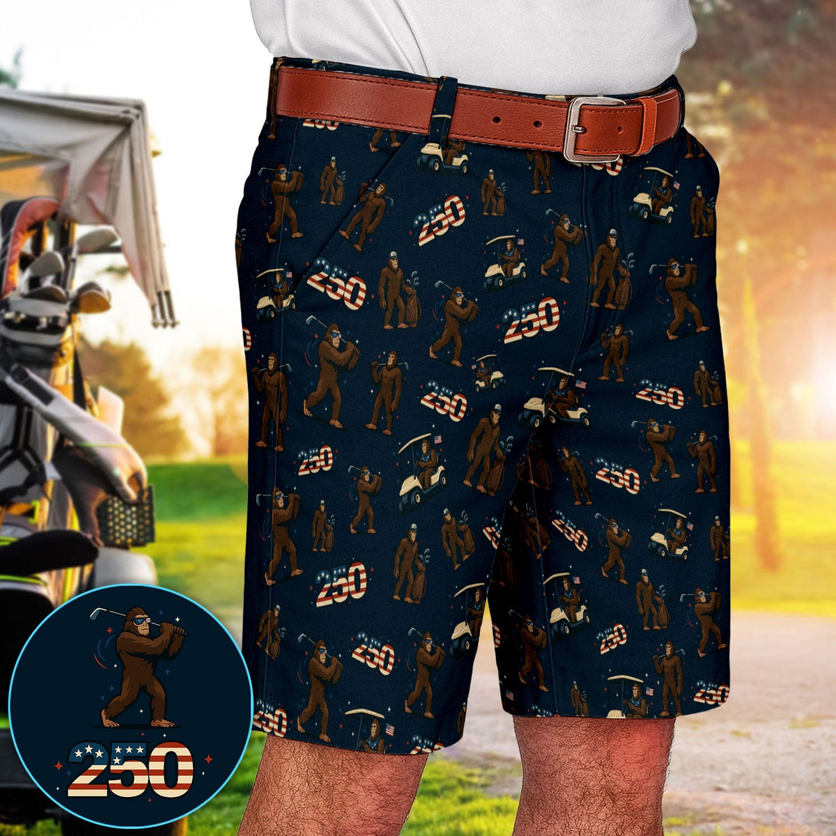 Crazy Bigfoot Golf Short For Golfer, Patriotic 250th Anniversary Pattern Golf Shorts , Funny Golf Gift For Men
