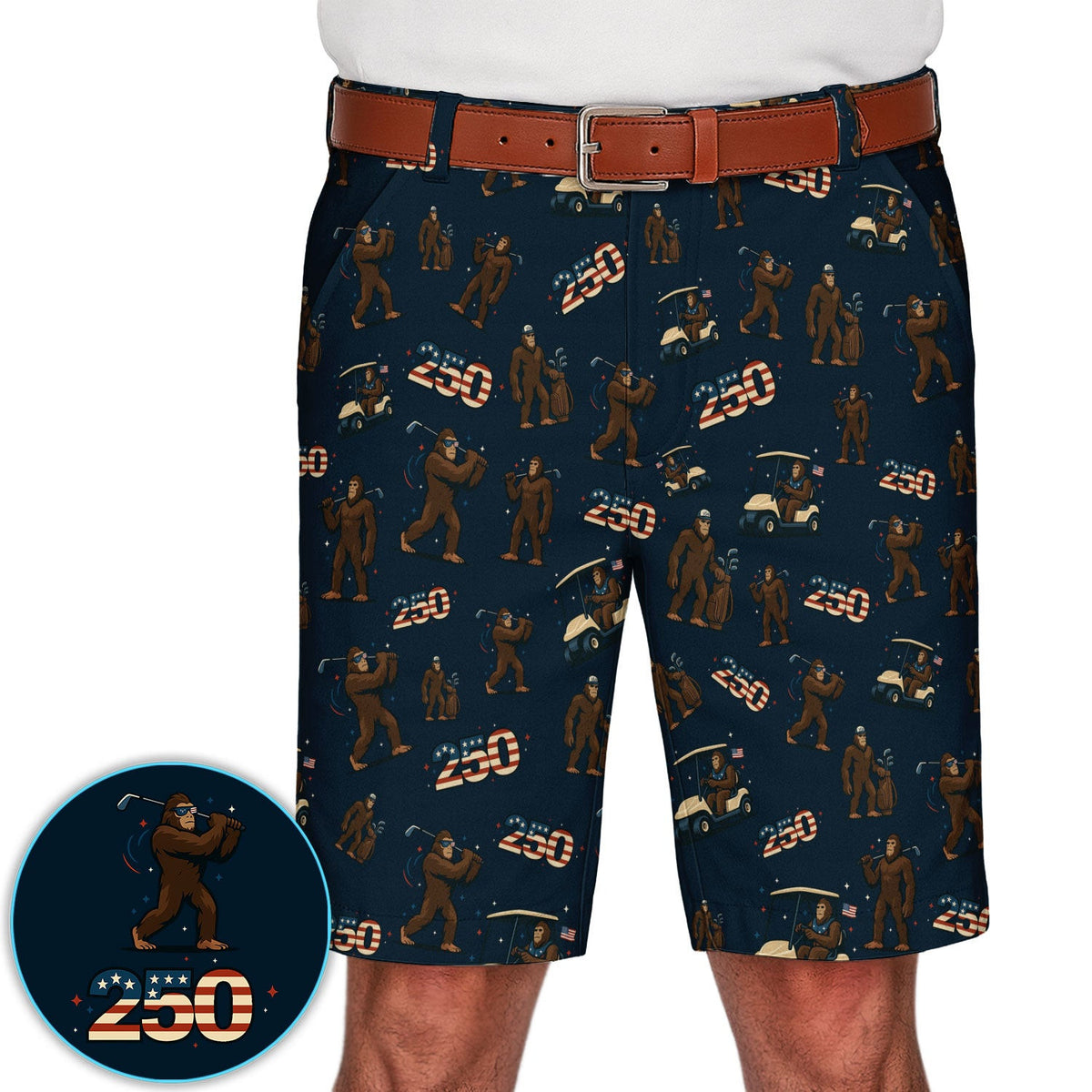 Crazy Bigfoot Golf Short For Golfer, Patriotic 250th Anniversary Pattern Golf Shorts , Funny Golf Gift For Men