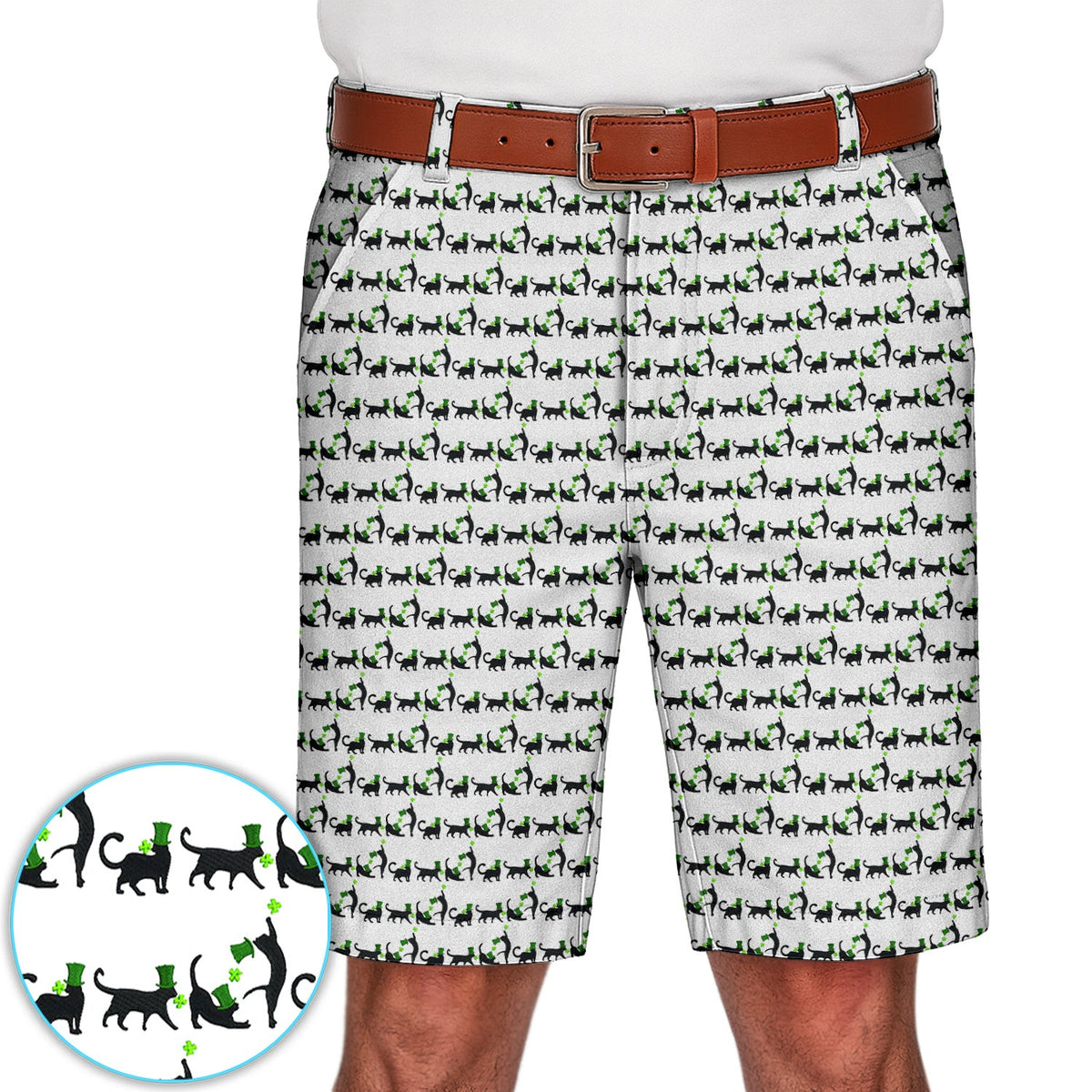 Black Cat St Patrick’s Day Golf Short, Lucky Cat Pattern Golf Shorts, Golf Gift For Golfer