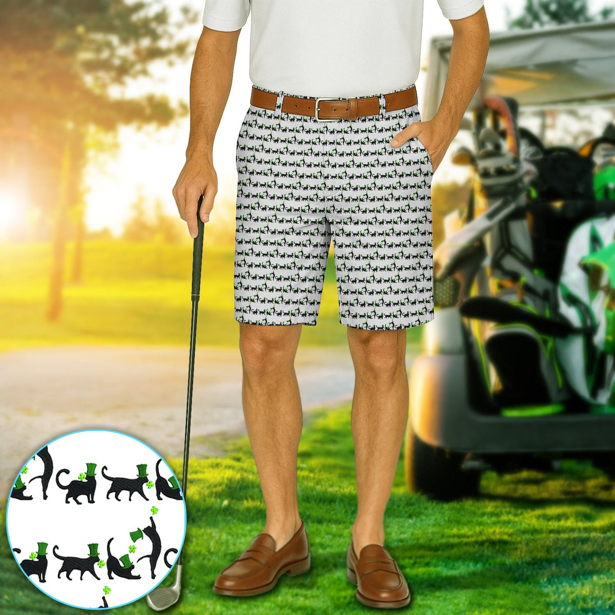 Black Cat St Patrick’s Day Golf Short, Lucky Cat Pattern Golf Shorts, Golf Gift For Golfer