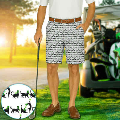 Black Cat St Patrick’s Day Golf Short, Lucky Cat Pattern Golf Shorts, Golf Gift For Golfer