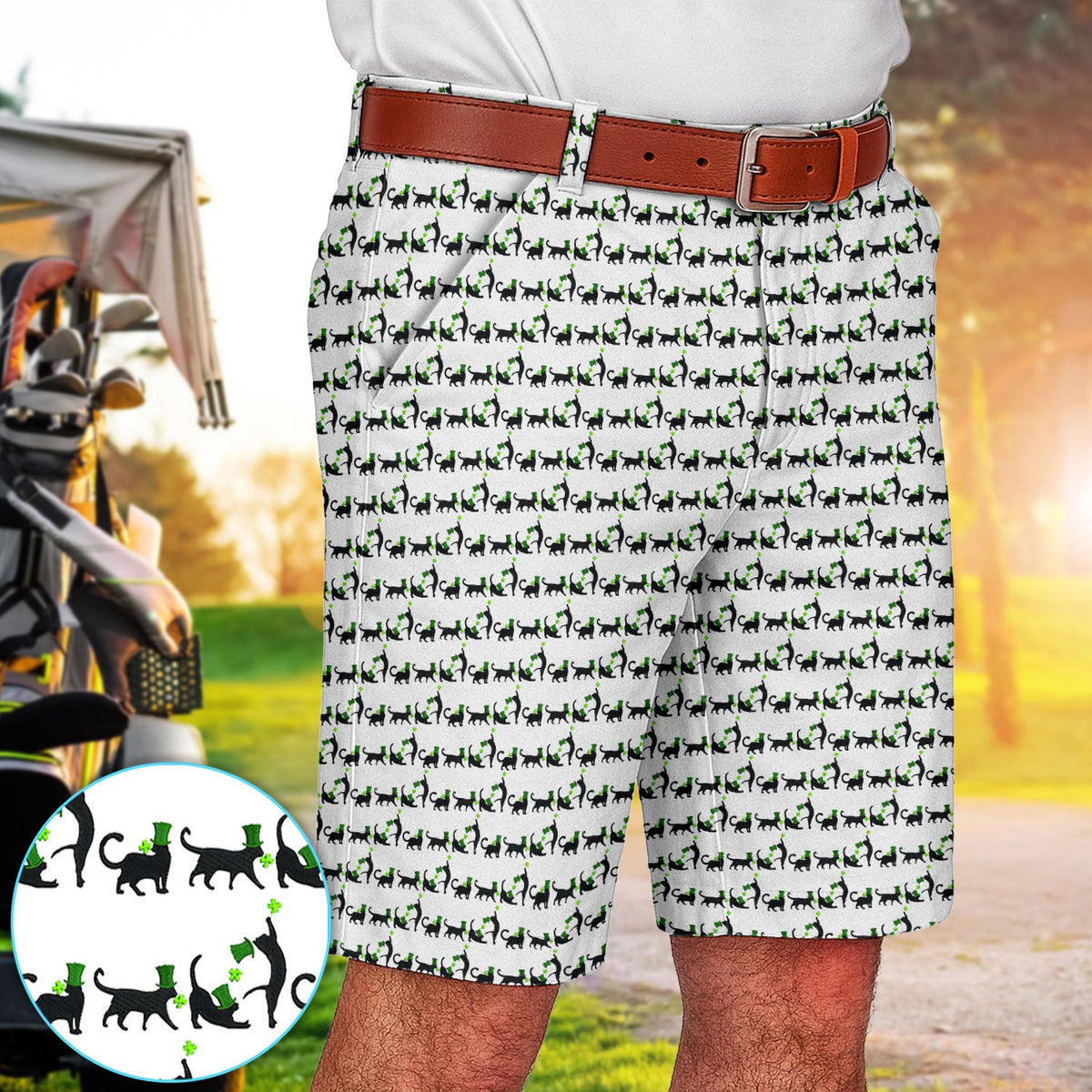 Black Cat St Patrick’s Day Golf Short, Lucky Cat Pattern Golf Shorts, Golf Gift For Golfer