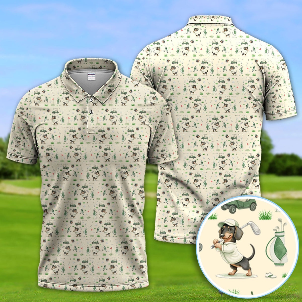 Funny Wiener Dog Golf Shirt, Dachshund Pattern Golf Polos, Crazy Golf Gift For Men