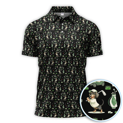 Funny Wiener Dog Golf Shirt, Dachshund Pattern Golf Polos, Crazy Golf Gift For Men