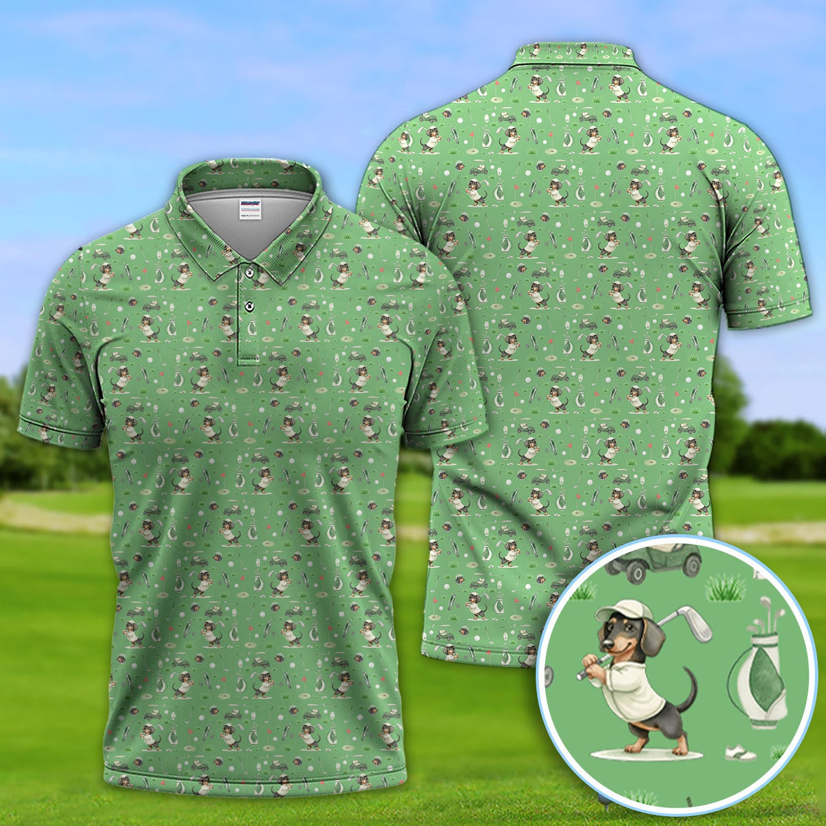 Funny Wiener Dog Golf Shirt, Dachshund Pattern Golf Polos, Crazy Golf Gift For Men