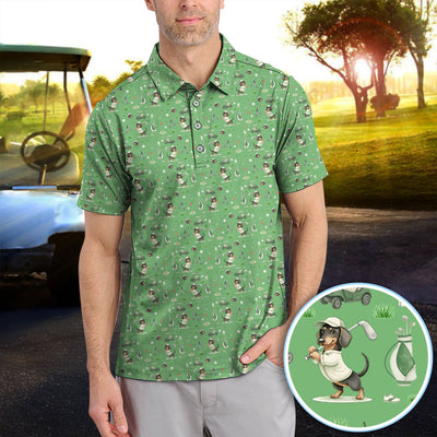 Funny Wiener Dog Golf Shirt, Dachshund Pattern Golf Polos, Crazy Golf Gift For Men