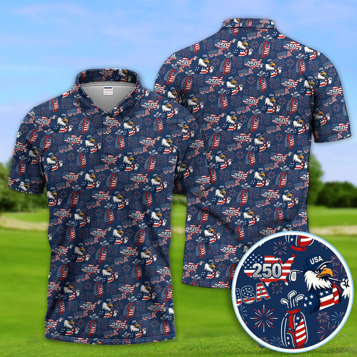 250 USA Birthday Pattern Golf Polos, Patriotic Bald Eagle American Flag Shirt, Crazy Golf Shirt For Men