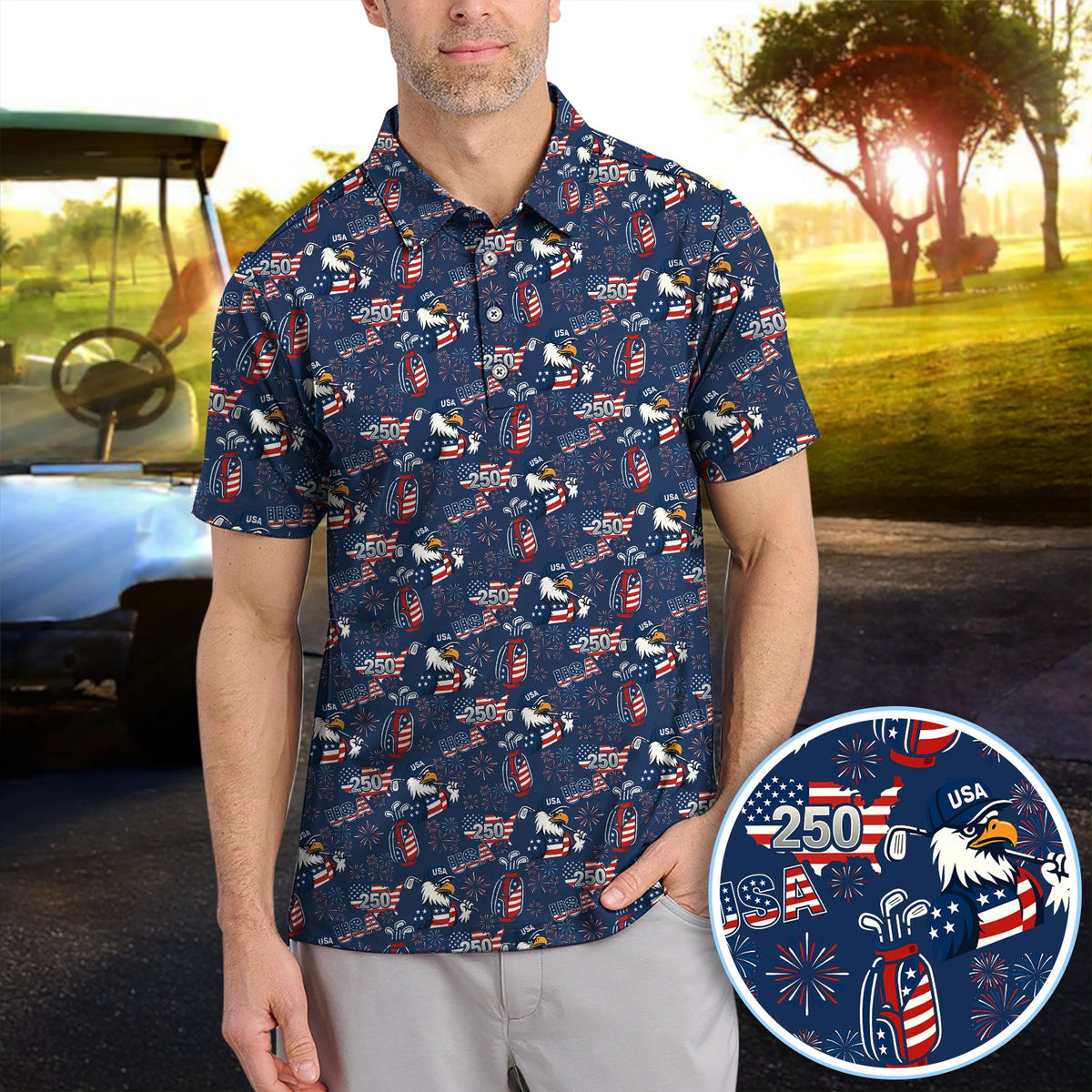 250 USA Birthday Pattern Golf Polos, Patriotic Bald Eagle American Flag Shirt, Crazy Golf Shirt For Men