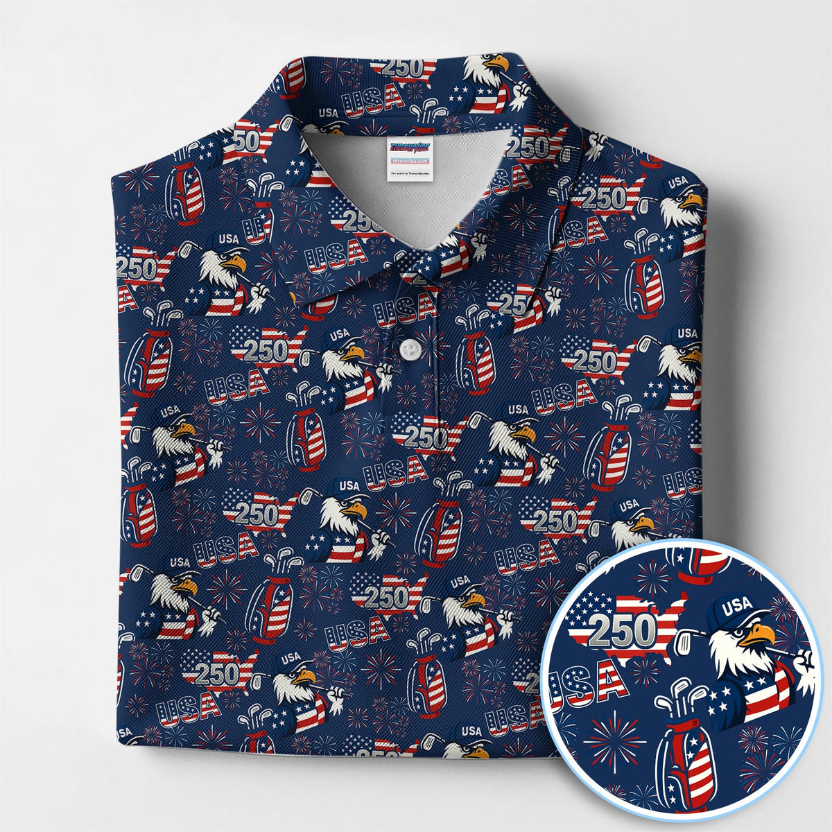 250 USA Birthday Pattern Golf Polos, Patriotic Bald Eagle American Flag Shirt, Crazy Golf Shirt For Men