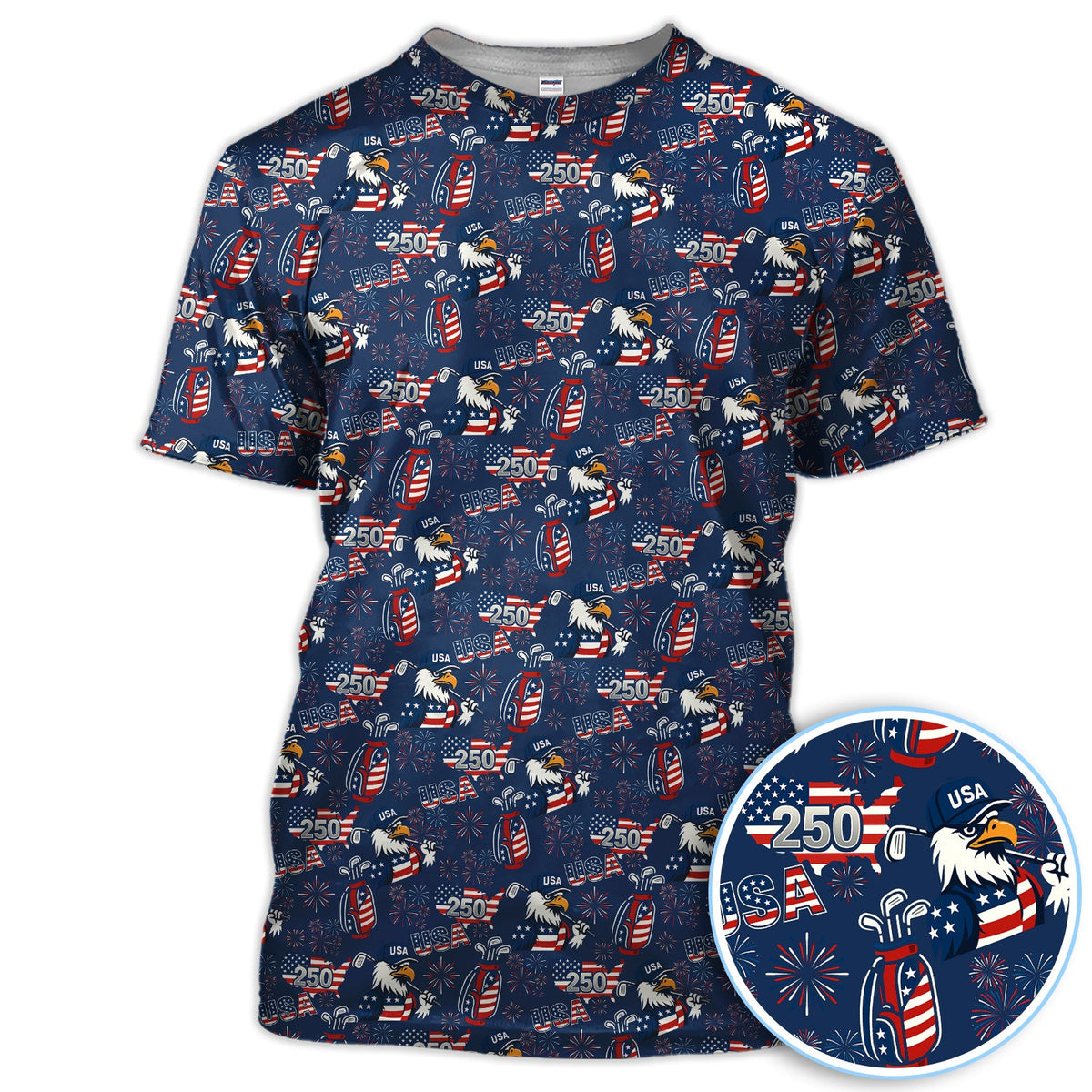 250 USA Birthday Pattern Golf Polos, Patriotic Bald Eagle American Flag Shirt, Crazy Golf Shirt For Men
