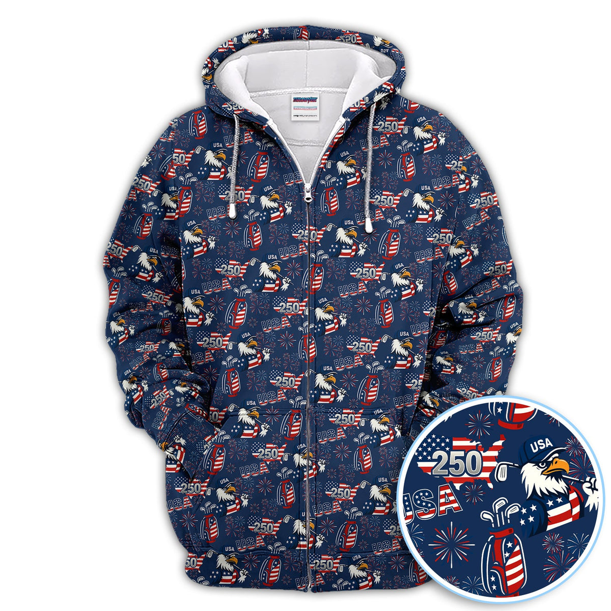 250 USA Birthday Pattern Golf Polos, Patriotic Bald Eagle American Flag Shirt, Crazy Golf Shirt For Men