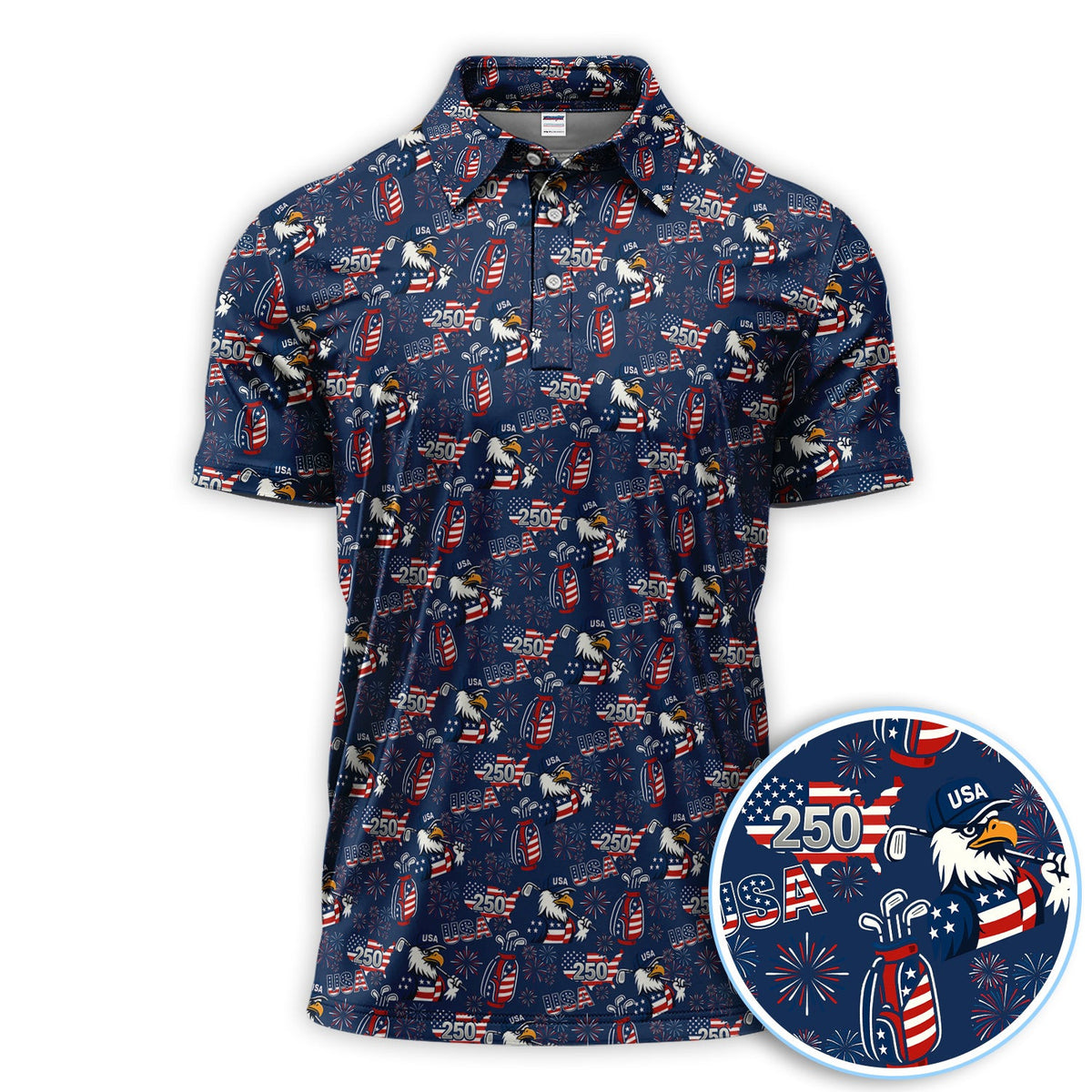 250 USA Birthday Pattern Golf Polos, Patriotic Bald Eagle American Flag Shirt, Crazy Golf Shirt For Men
