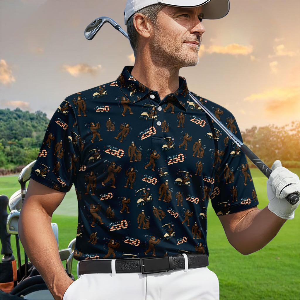 Crazy Bigfoot Golf Polos For Golfer, Patriotic 250th Anniversary Pattern Golf Shirt, Funny Golf Gift For Men
