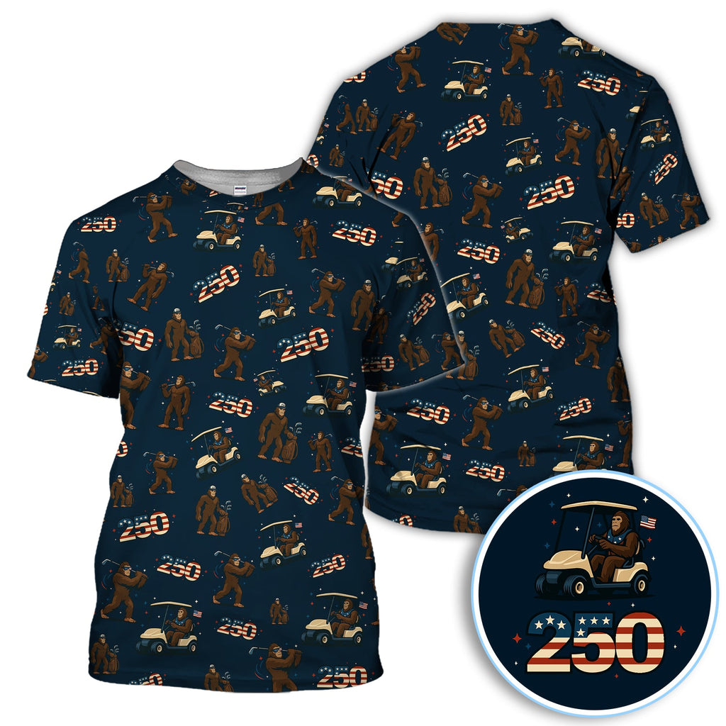 Crazy Bigfoot Golf Polos For Golfer, Patriotic 250th Anniversary Pattern Golf Shirt, Funny Golf Gift For Men