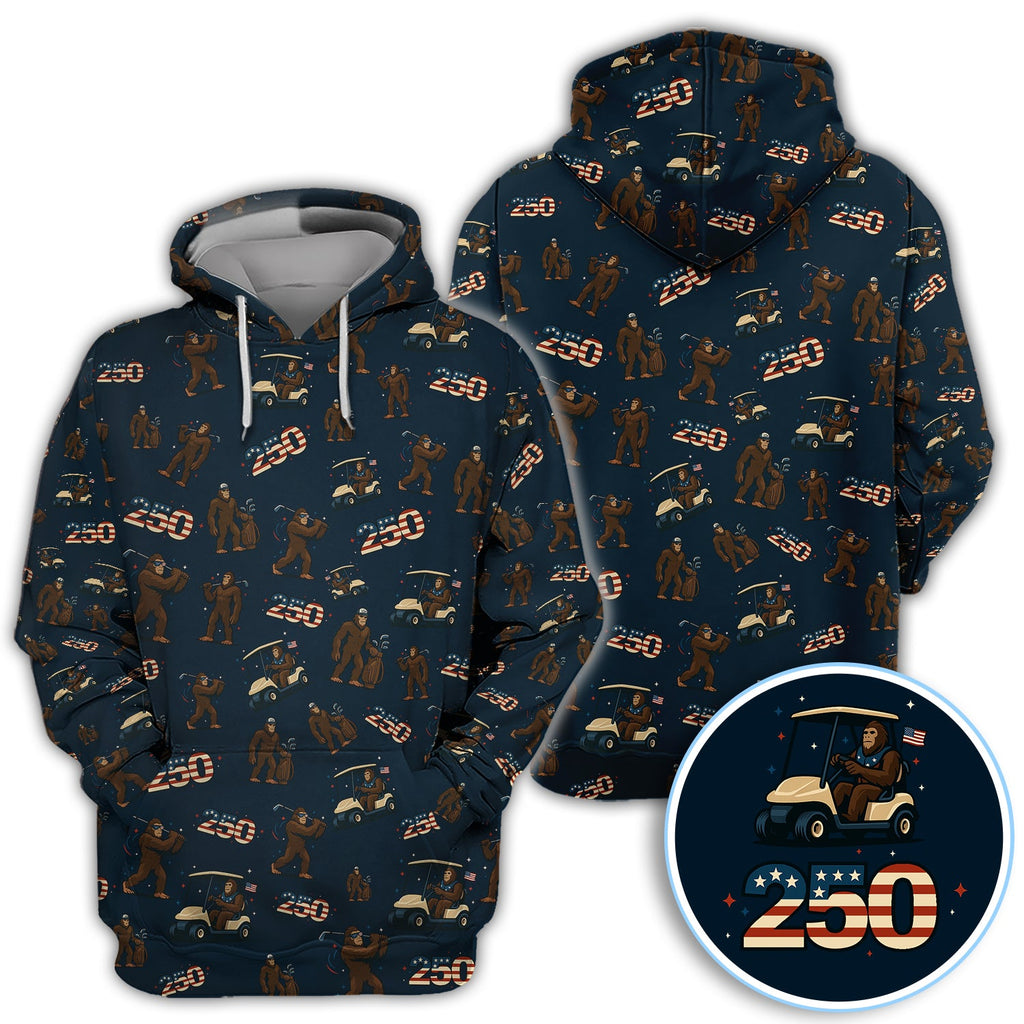 Crazy Bigfoot Golf Polos For Golfer, Patriotic 250th Anniversary Pattern Golf Shirt, Funny Golf Gift For Men