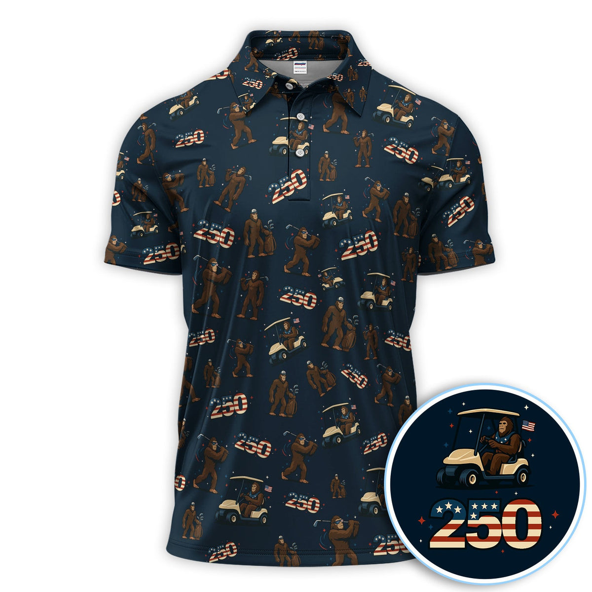 Crazy Bigfoot Golf Polos For Golfer, Patriotic 250th Anniversary Pattern Golf Shirt, Funny Golf Gift For Men