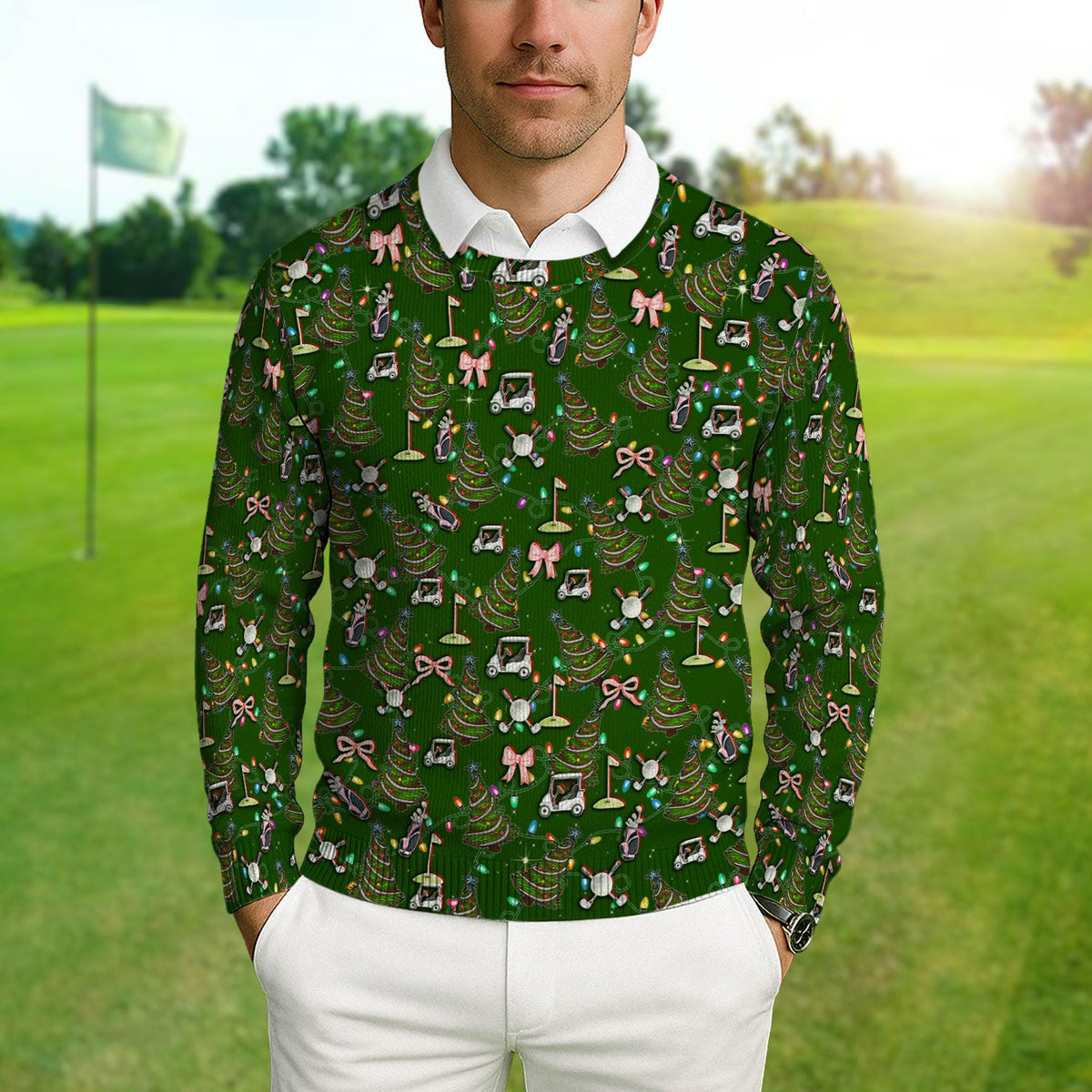 Christmas Pattern Ugly Sweater, Funny Xmas Golf Sweater, Festive Golf Gift For Men