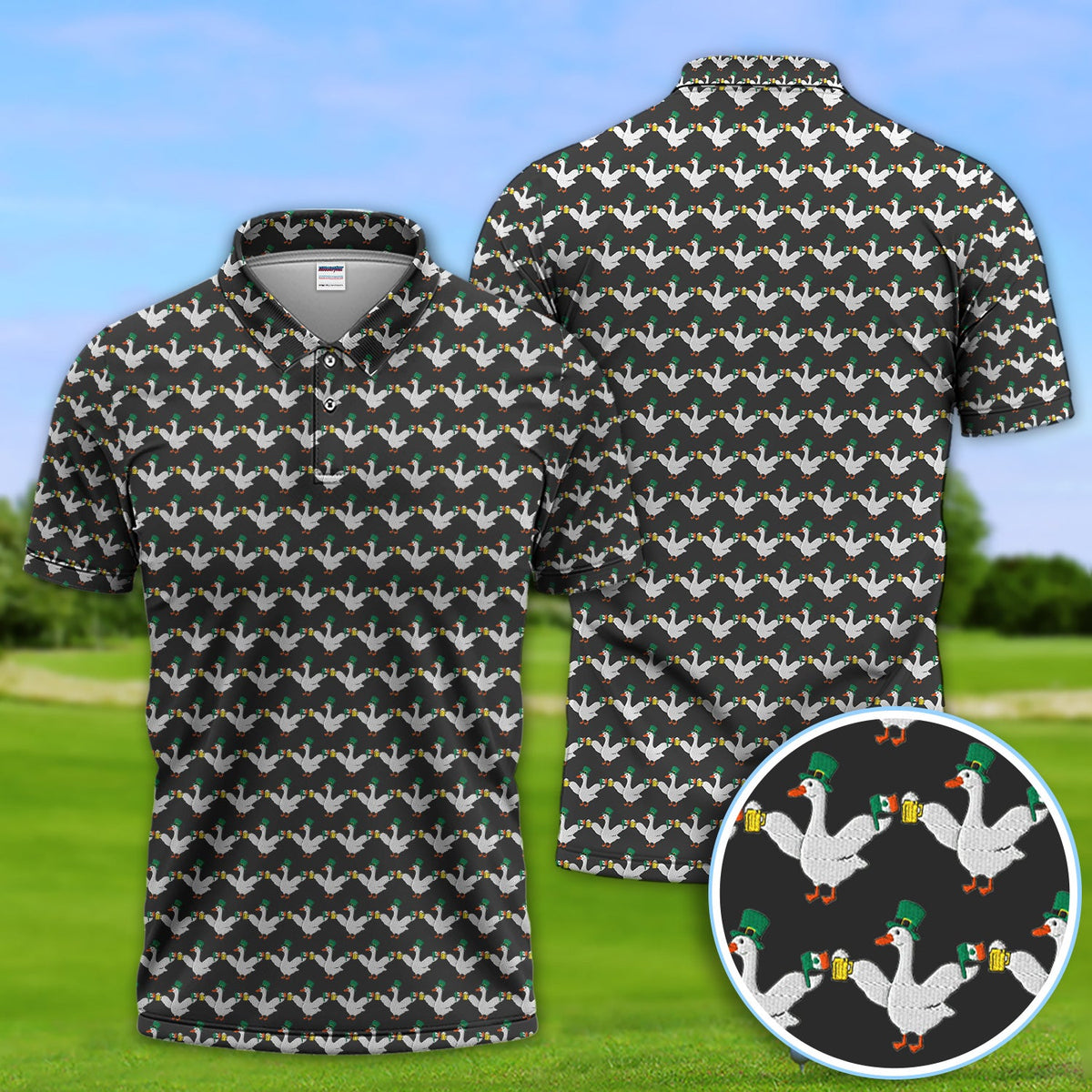 Lucky Irish Goose Golf Polos, St Patrick’s Day Beer Goose Pattern Shirt, Funny Golf Shirt For Men