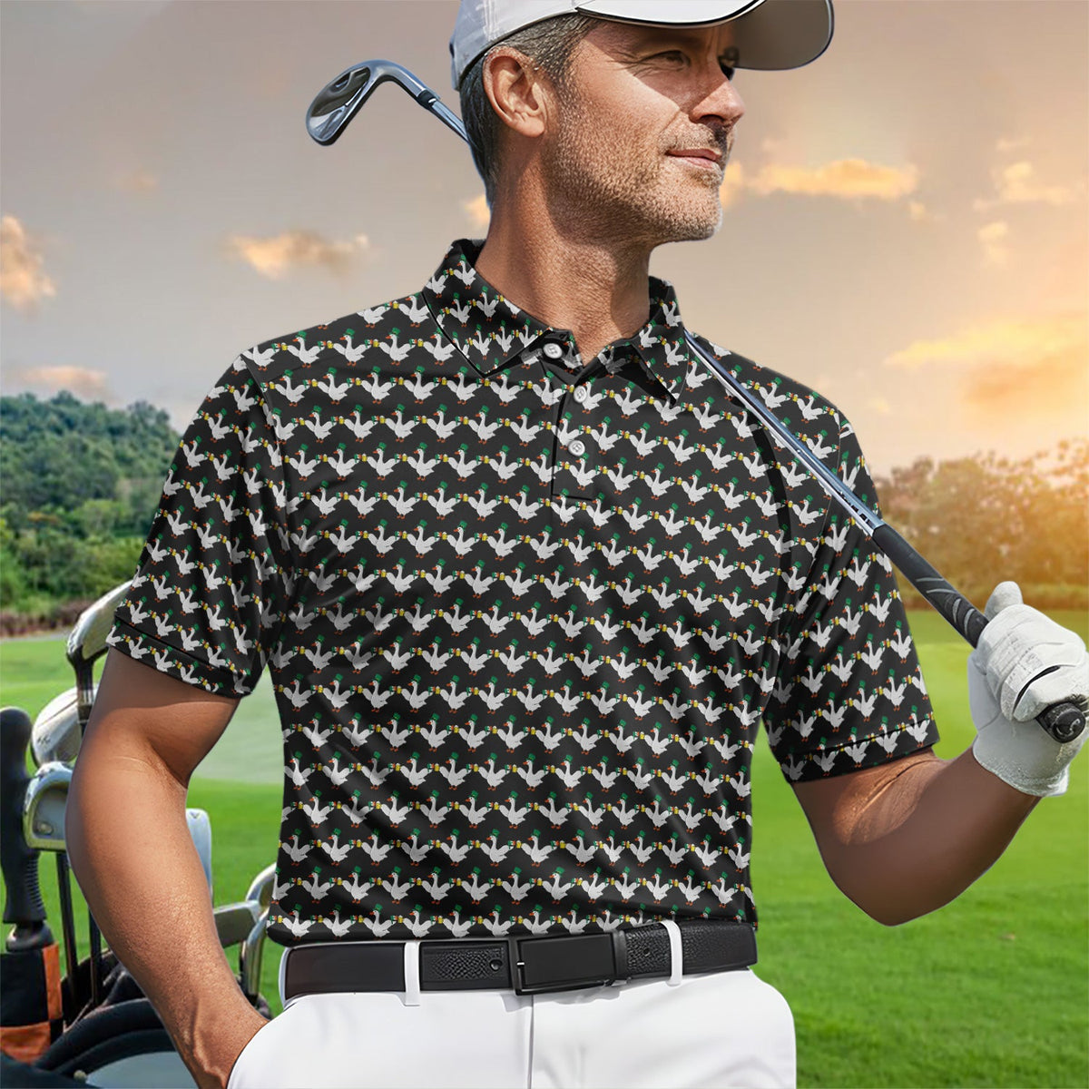 Lucky Irish Goose Golf Polos, St Patrick’s Day Beer Goose Pattern Shirt, Funny Golf Shirt For Men