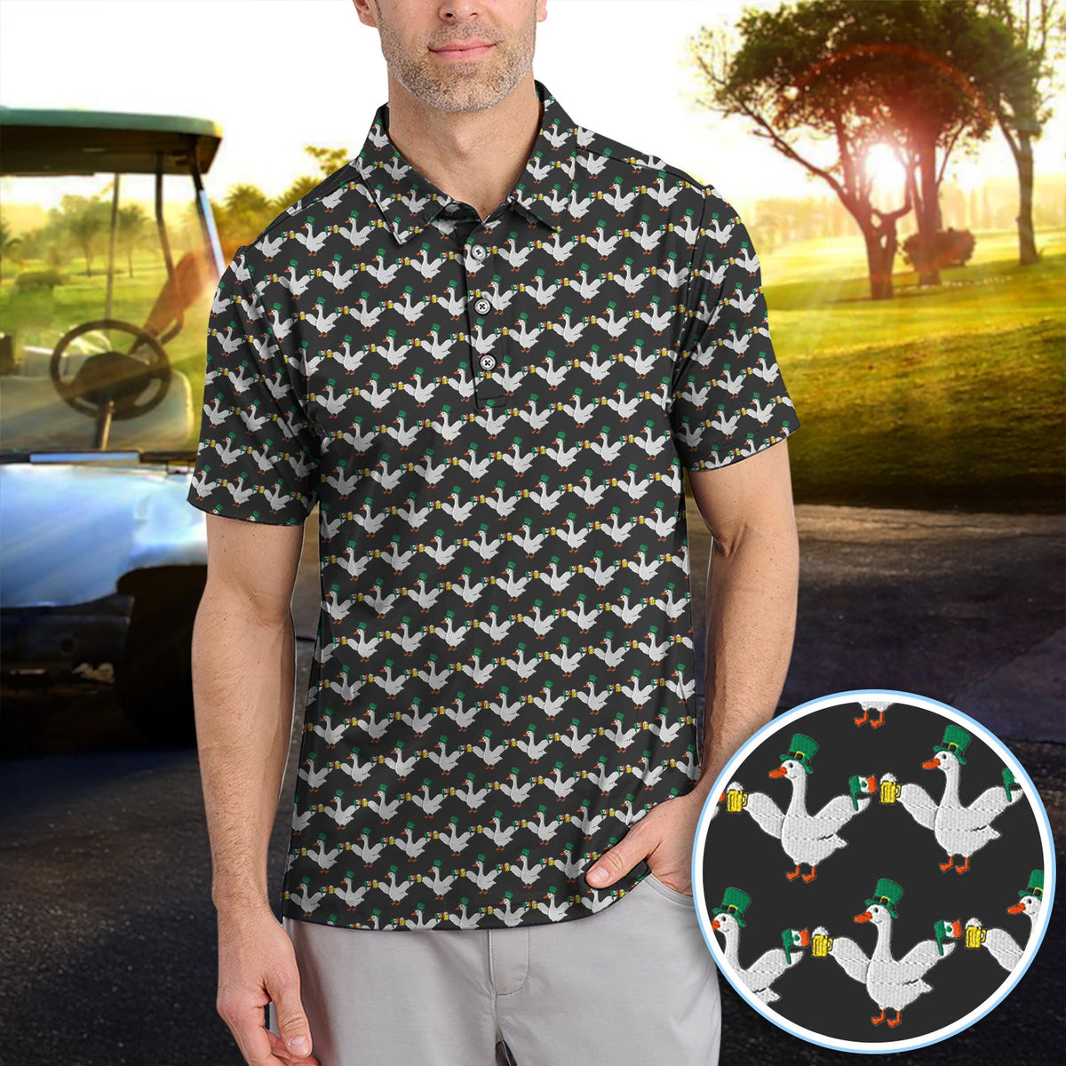 Lucky Irish Goose Golf Polos, St Patrick’s Day Beer Goose Pattern Shirt, Funny Golf Shirt For Men