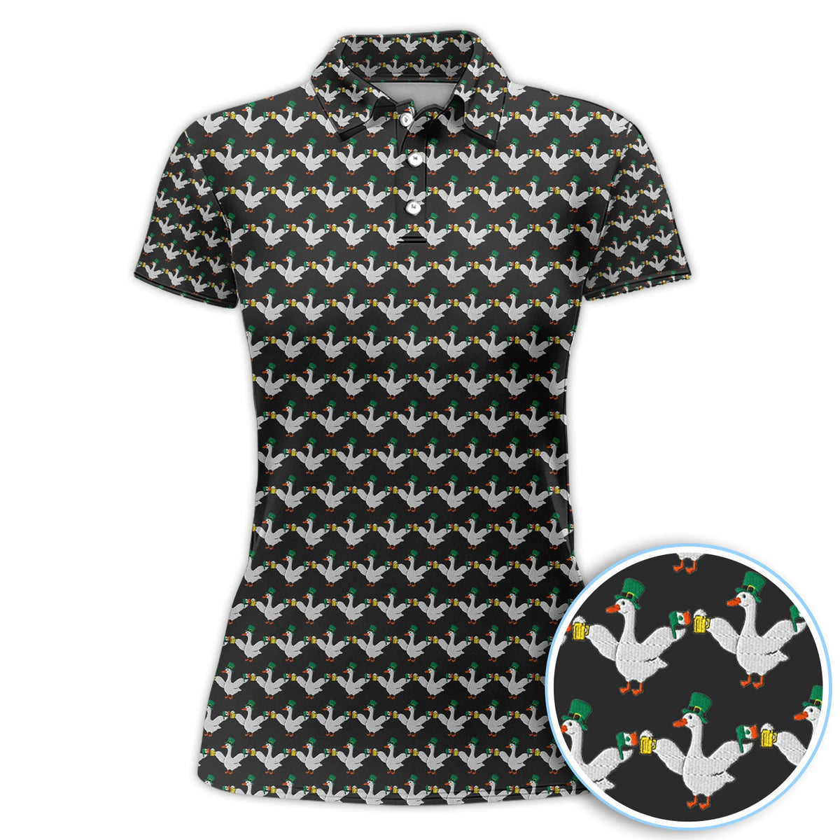 Lucky Irish Goose Golf Polos, St Patrick’s Day Beer Goose Pattern Shirt, Funny Golf Shirt For Men