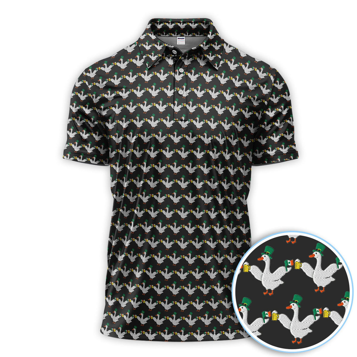Lucky Irish Goose Golf Polos, St Patrick’s Day Beer Goose Pattern Shirt, Funny Golf Shirt For Men