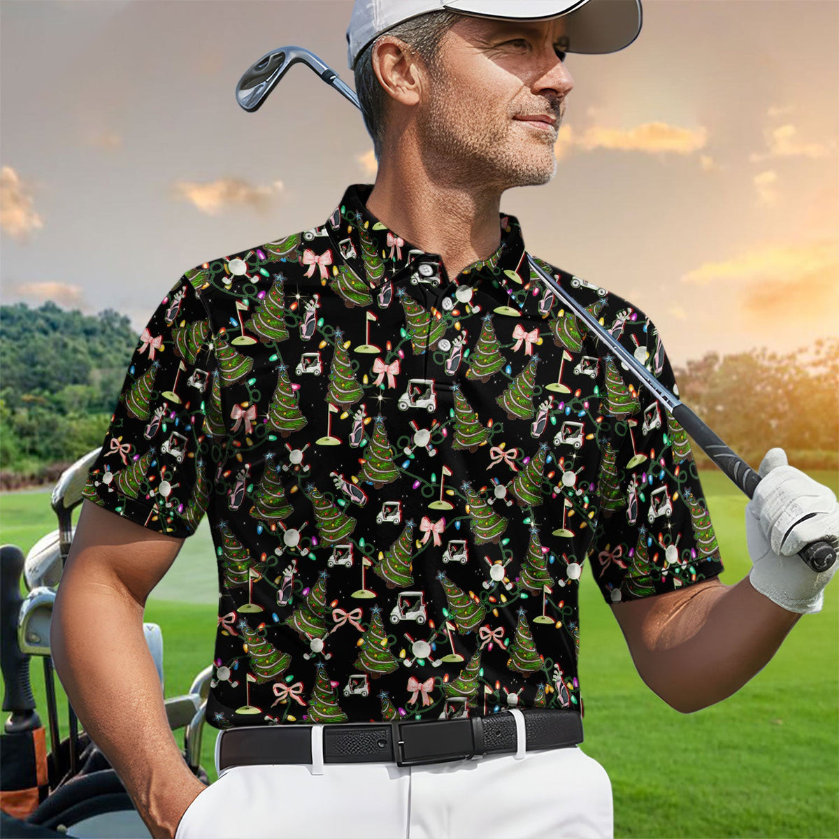 Christmas Pattern Polos, Funny Xmas Golf Shirt, Festive Golf Gift For Men