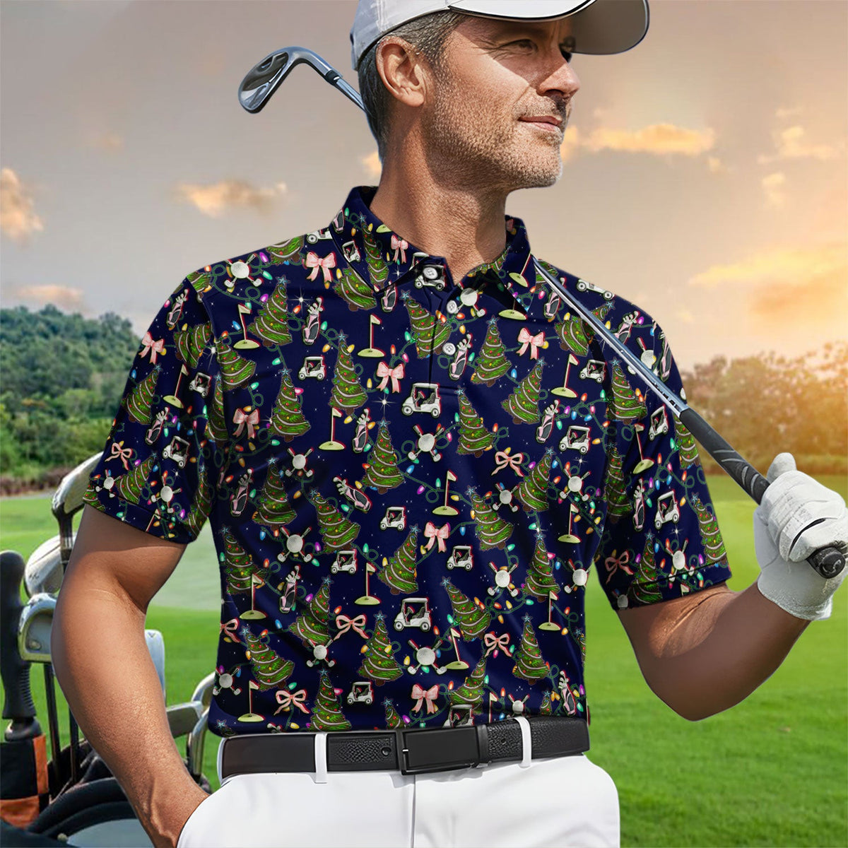 Christmas Pattern Polos, Funny Xmas Golf Shirt, Festive Golf Gift For Men