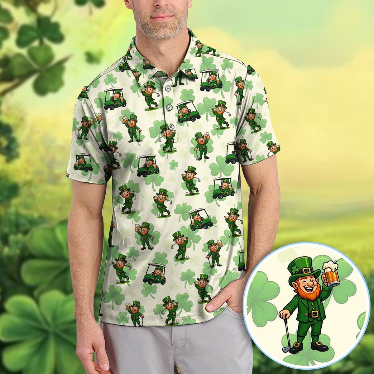 St. Patrick Leprechaun Golf Pattern Polos, Funny Golf Shirt For Men, Golf Gift For Golfer