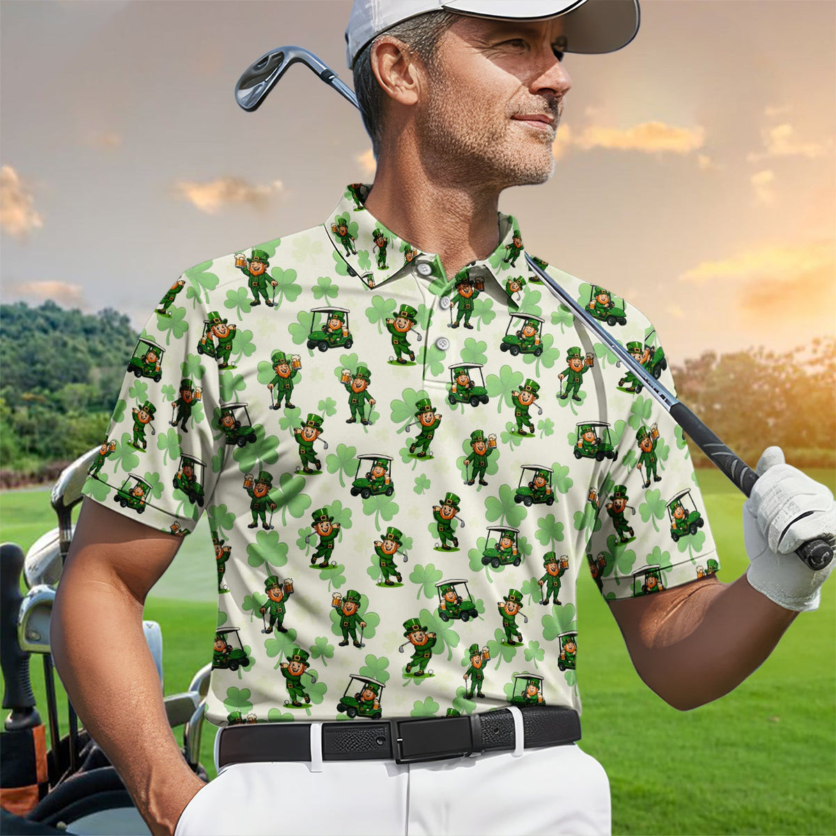 St. Patrick Leprechaun Golf Pattern Polos, Funny Golf Shirt For Men, Golf Gift For Golfer