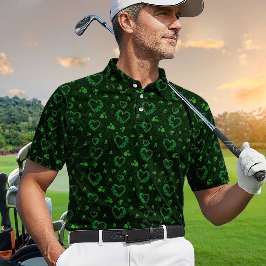 Crazy Shamrock Heart Pattern Golf Polos, St. Patrick’s Day Golf Shirt, Lucky Irish Green Shirt For Men
