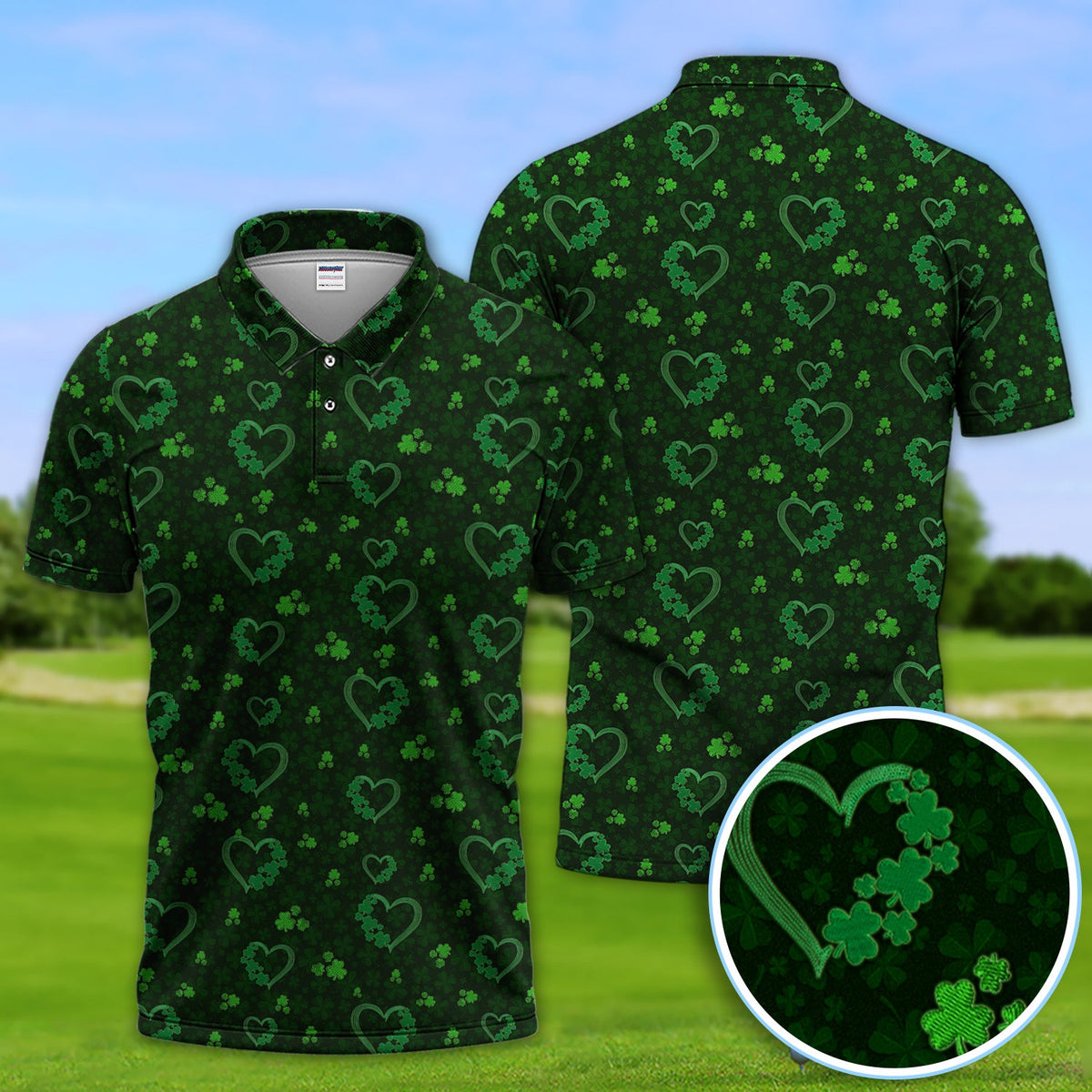 Crazy Shamrock Heart Pattern Golf Polos, St. Patrick’s Day Golf Shirt, Lucky Irish Green Shirt For Men