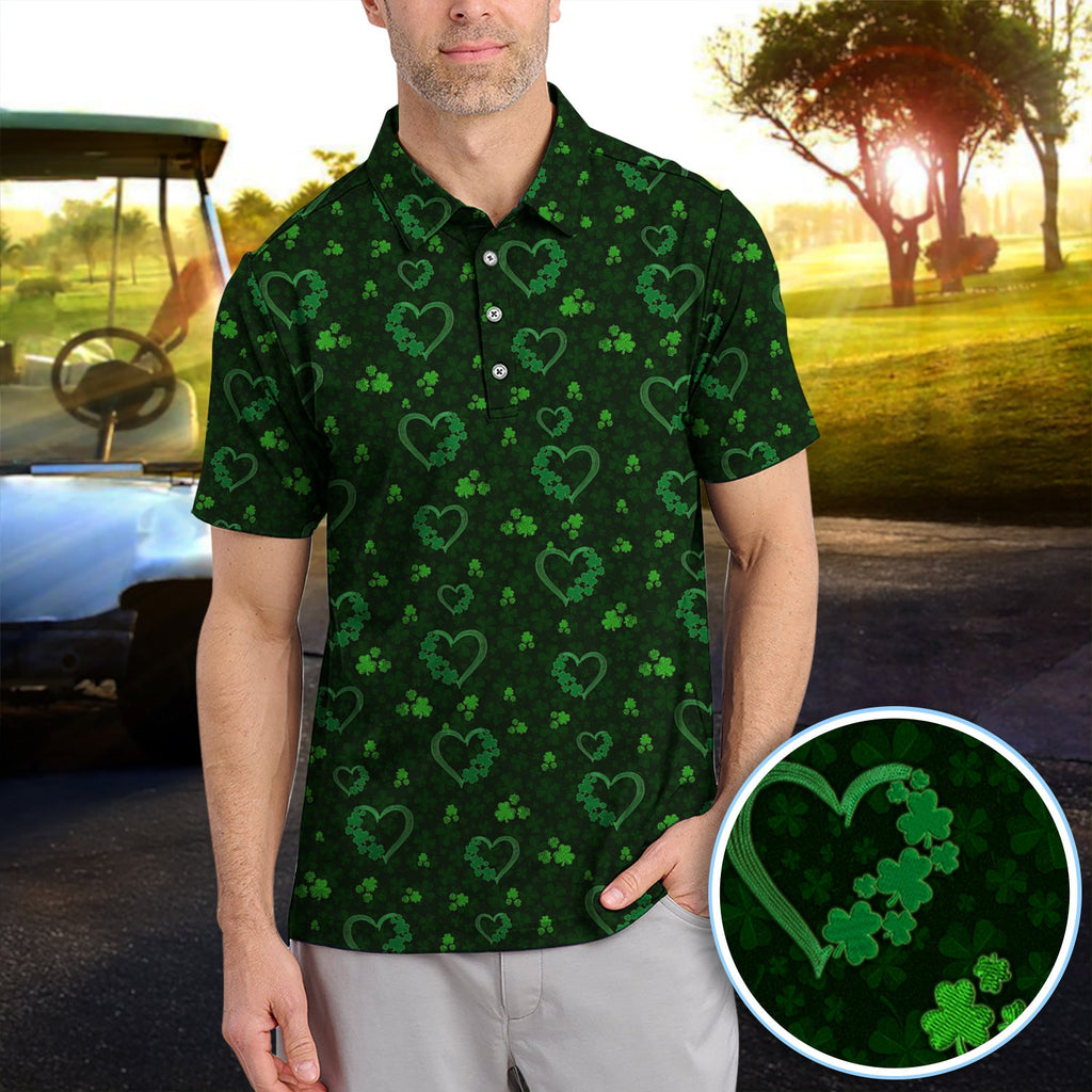 Crazy Shamrock Heart Pattern Golf Polos, St. Patrick’s Day Golf Shirt, Lucky Irish Green Shirt For Men