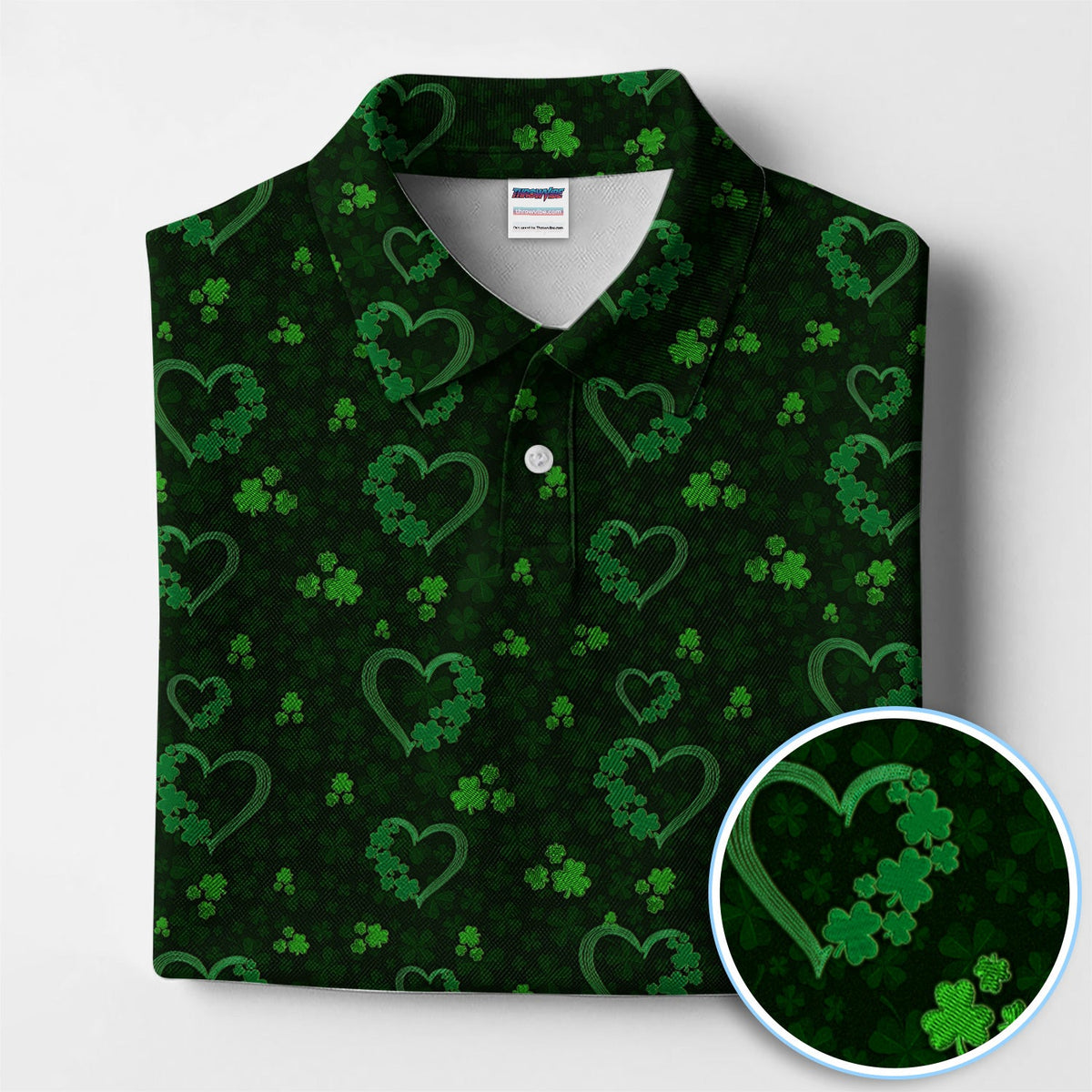 Crazy Shamrock Heart Pattern Golf Polos, St. Patrick’s Day Golf Shirt, Lucky Irish Green Shirt For Men