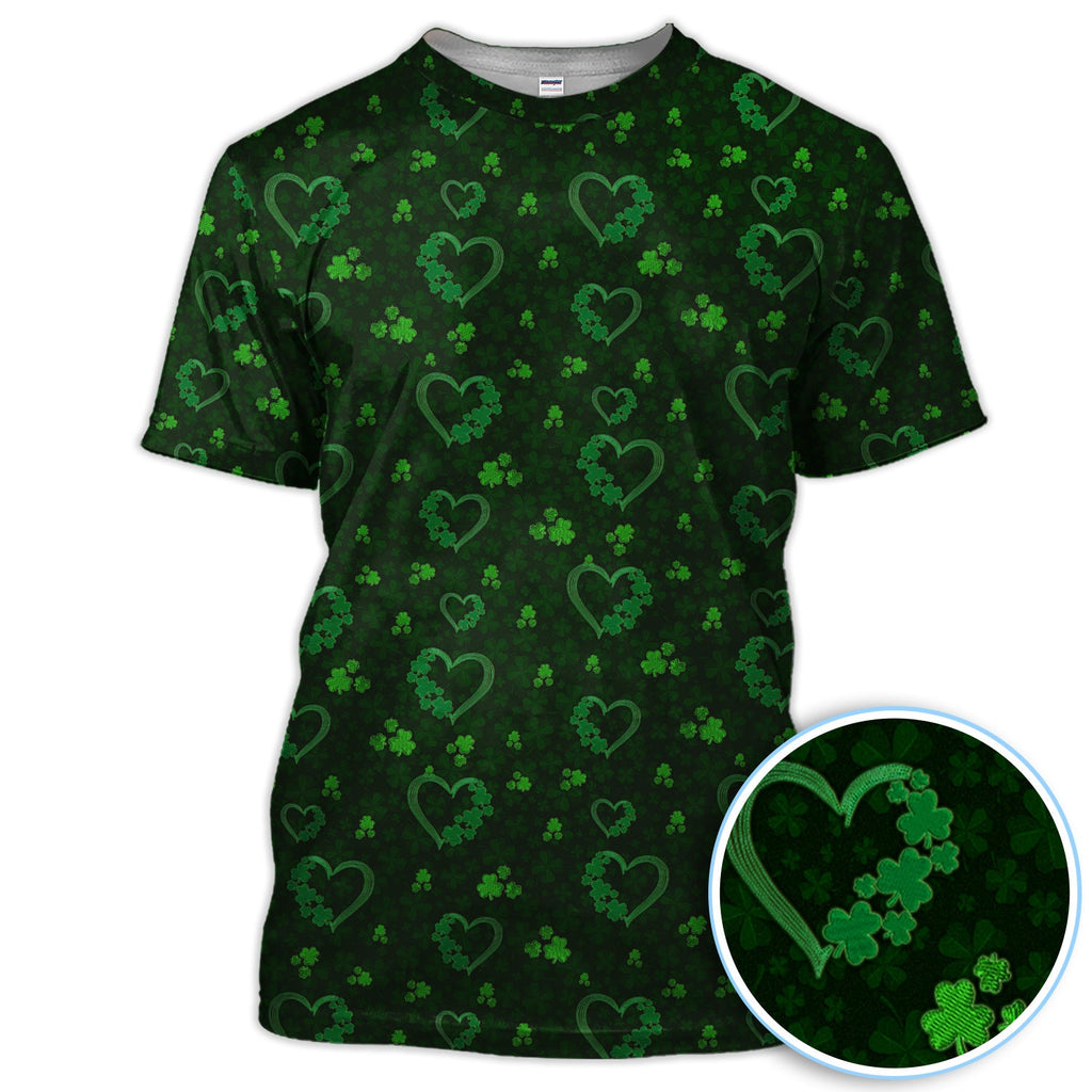 Crazy Shamrock Heart Pattern Golf Polos, St. Patrick’s Day Golf Shirt, Lucky Irish Green Shirt For Men