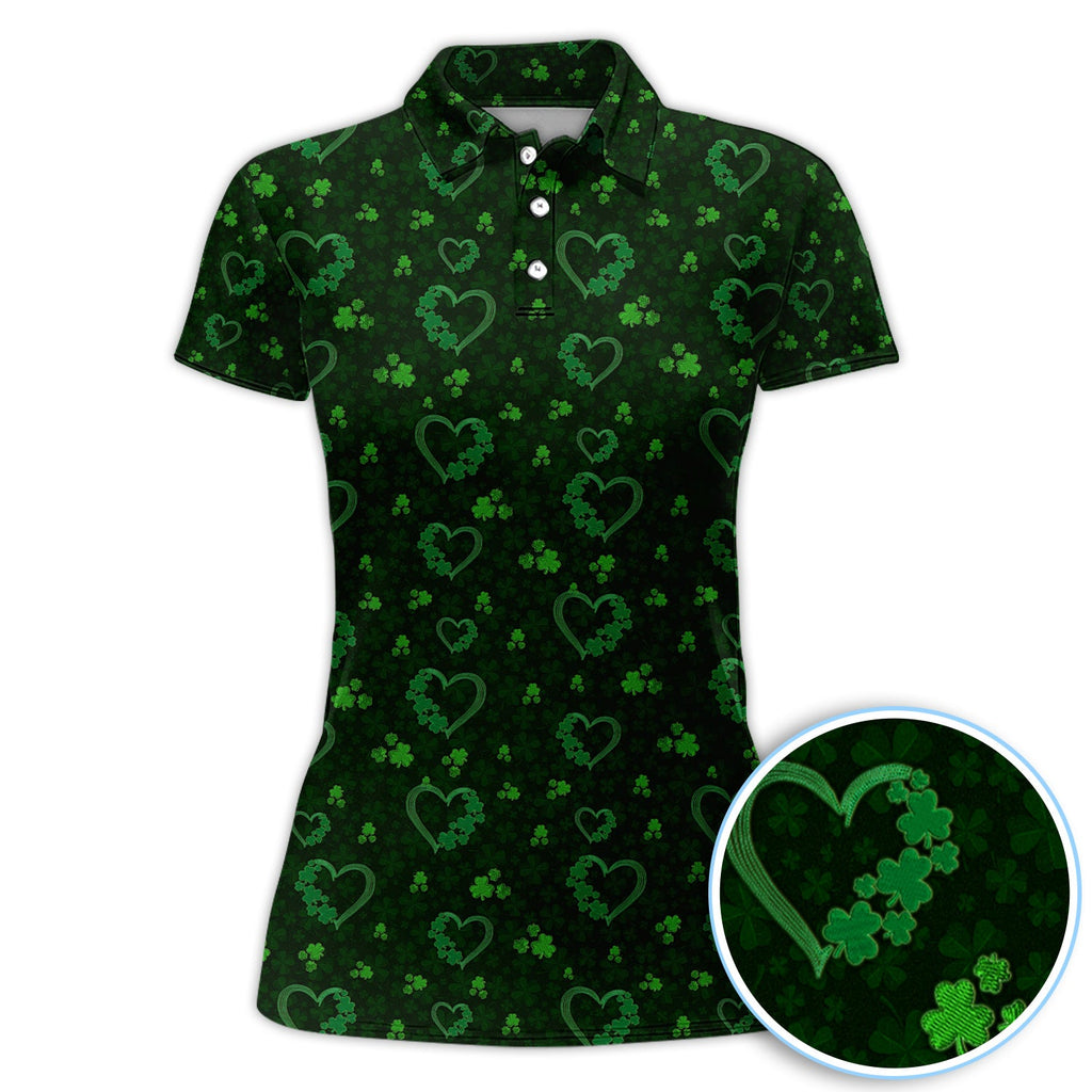 Crazy Shamrock Heart Pattern Golf Polos, St. Patrick’s Day Golf Shirt, Lucky Irish Green Shirt For Men