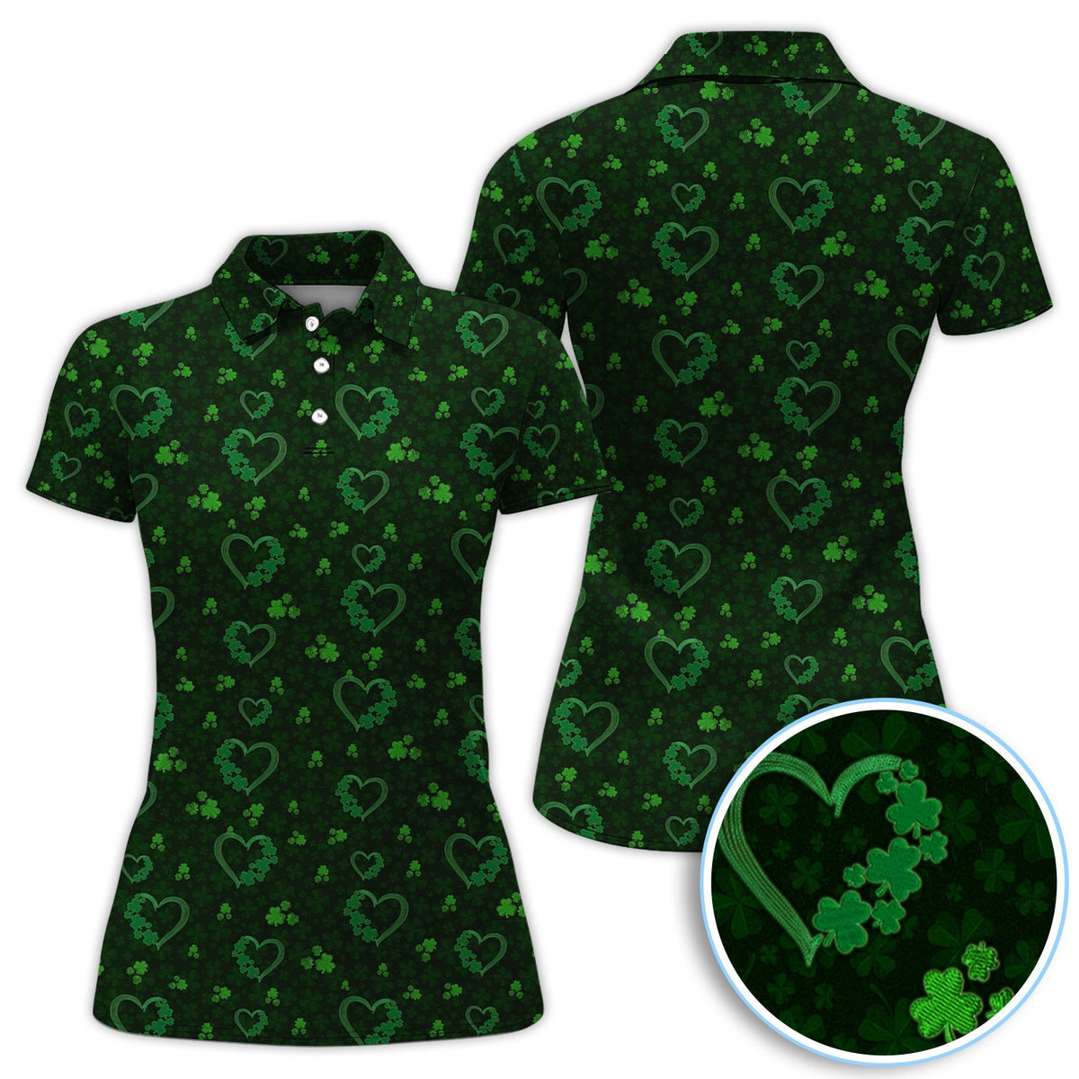 Crazy Shamrock Heart Pattern Golf Polos, St. Patrick’s Day Golf Shirt, Lucky Irish Green Shirt For Men