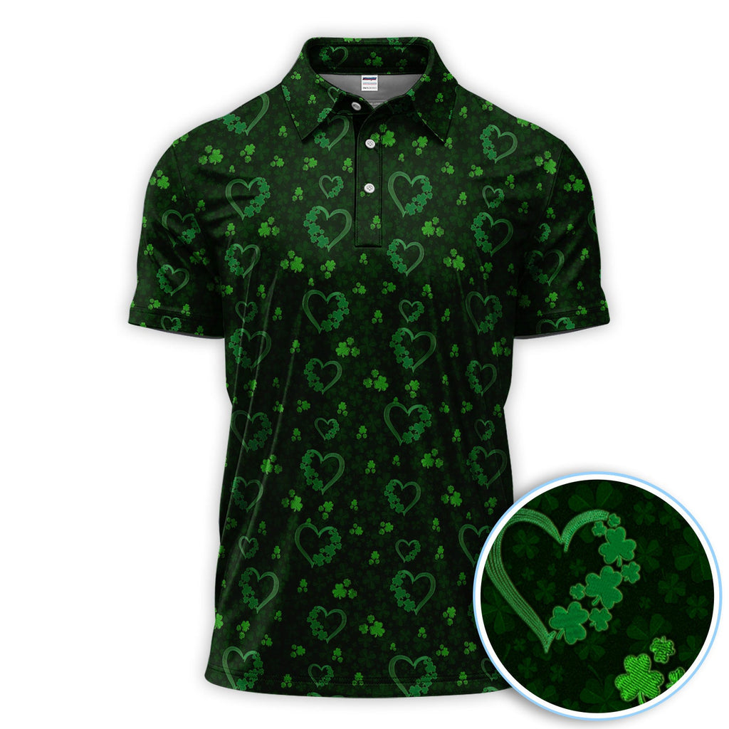 Crazy Shamrock Heart Pattern Golf Polos, St. Patrick’s Day Golf Shirt, Lucky Irish Green Shirt For Men