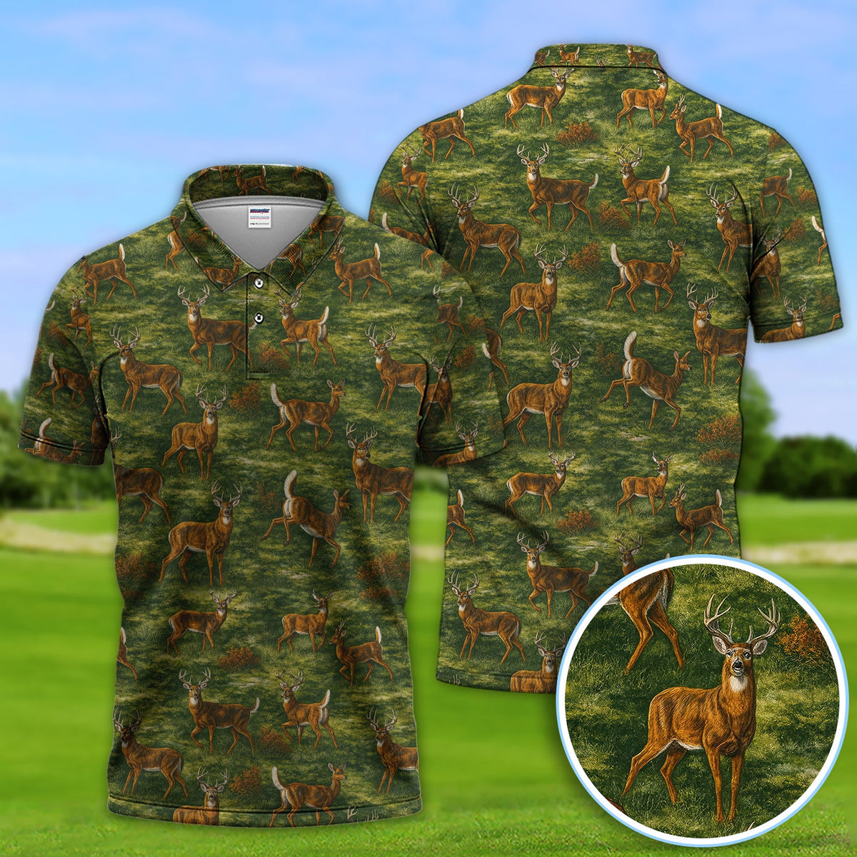 Deer Pattern Polo, Classic Wildlife Hunting Style Golf Shirt, Crazy Golf Shirt For Men