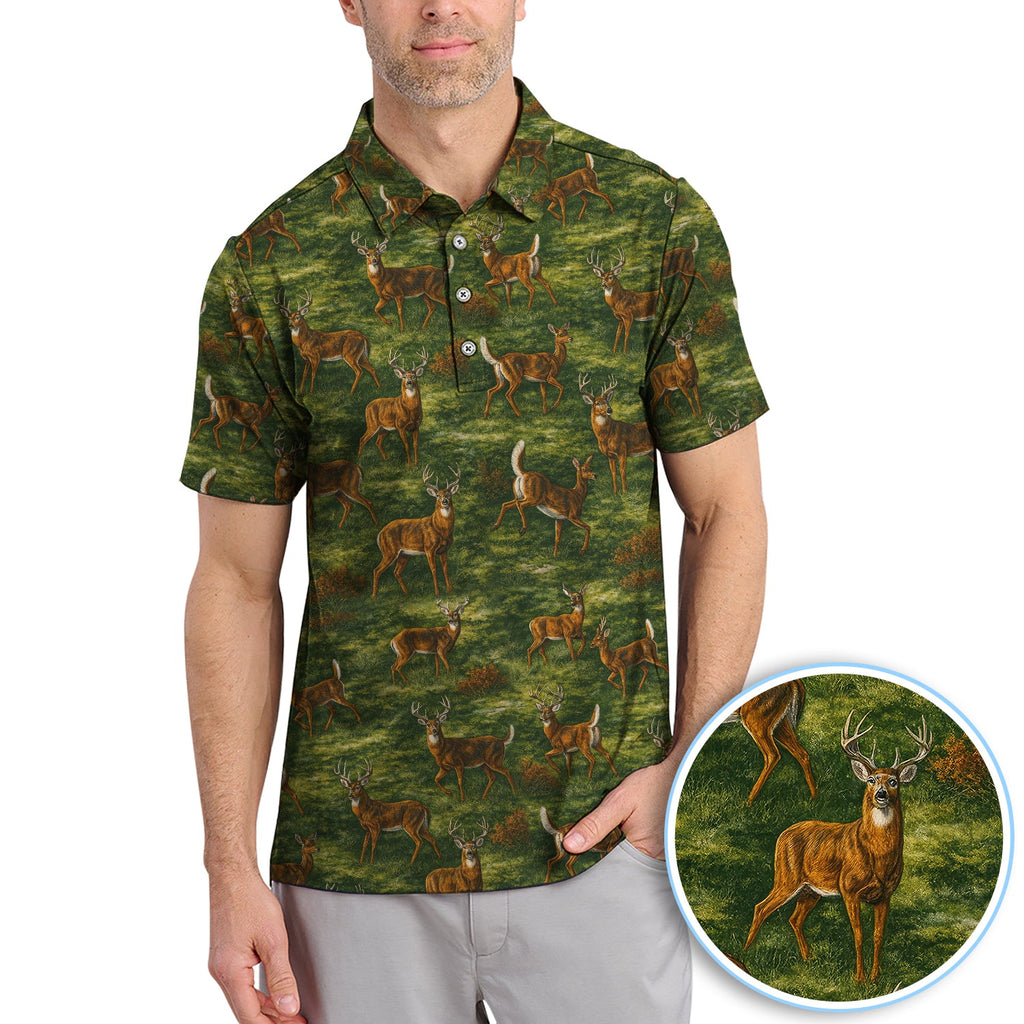 Deer Pattern Polo, Classic Wildlife Hunting Style Golf Shirt, Crazy Golf Shirt For Men