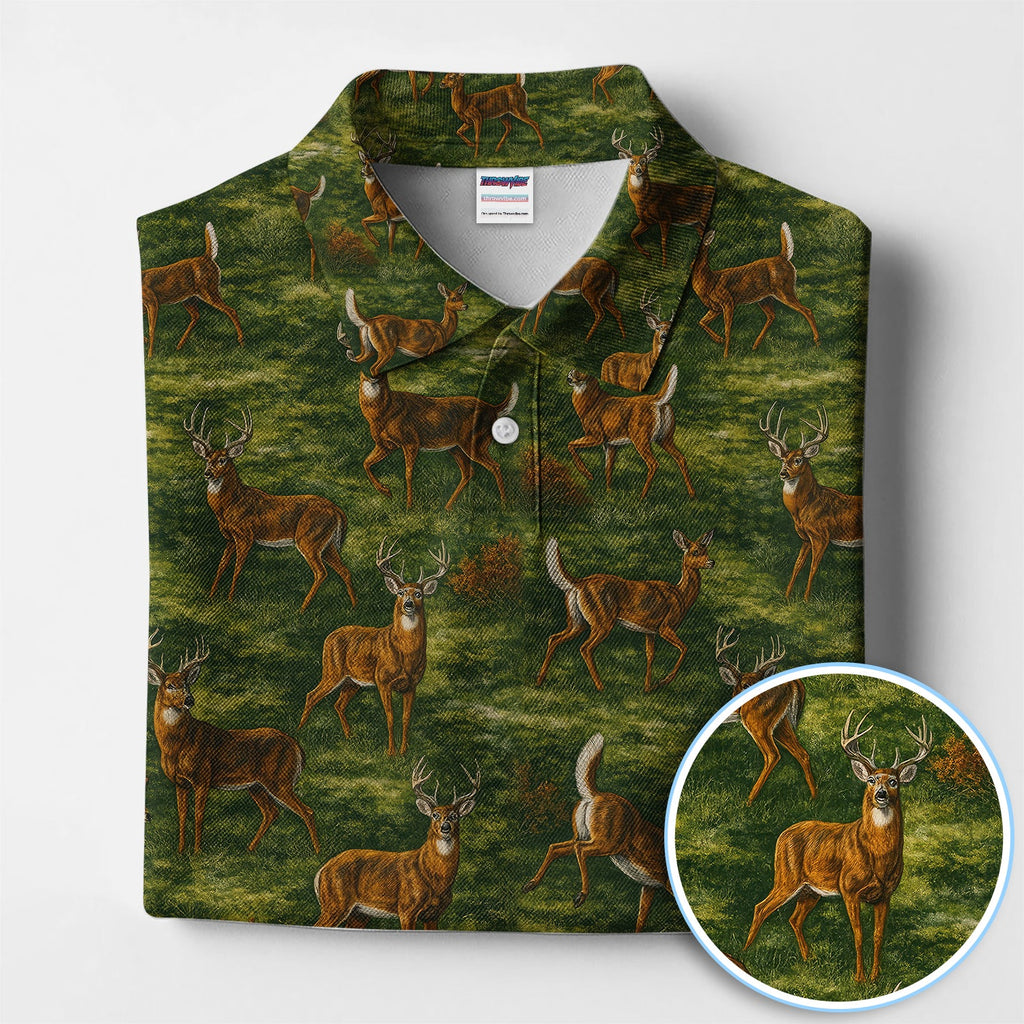 Deer Pattern Polo, Classic Wildlife Hunting Style Golf Shirt, Crazy Golf Shirt For Men