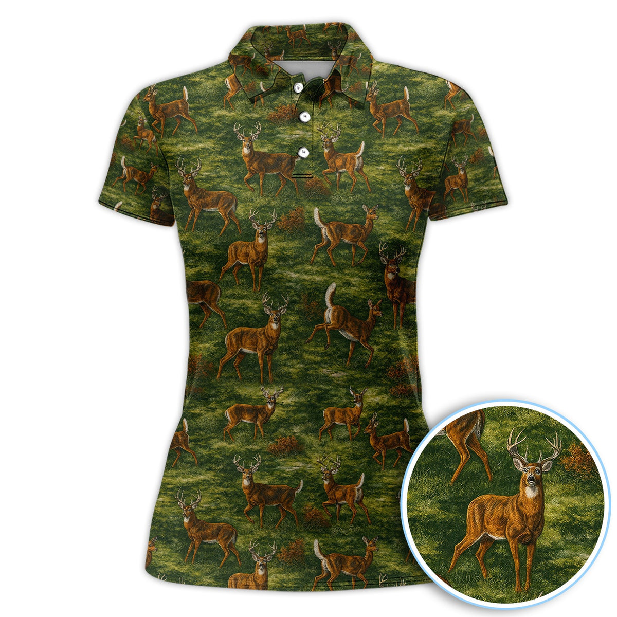 Deer Pattern Polo, Classic Wildlife Hunting Style Golf Shirt, Crazy Golf Shirt For Men