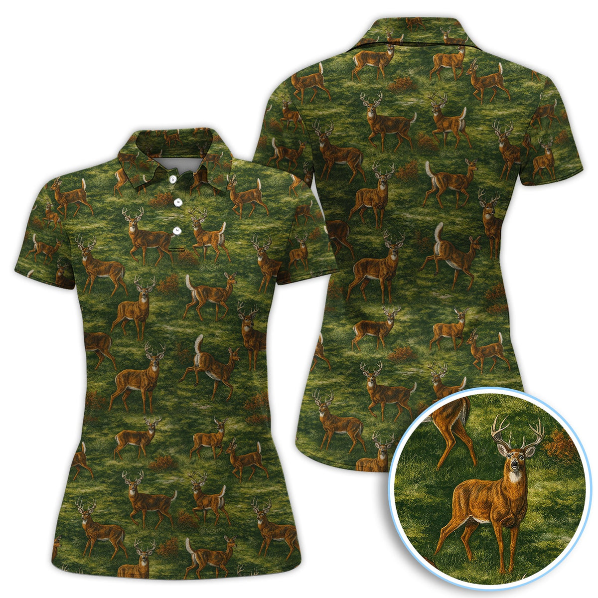 Deer Pattern Polo, Classic Wildlife Hunting Style Golf Shirt, Crazy Golf Shirt For Men
