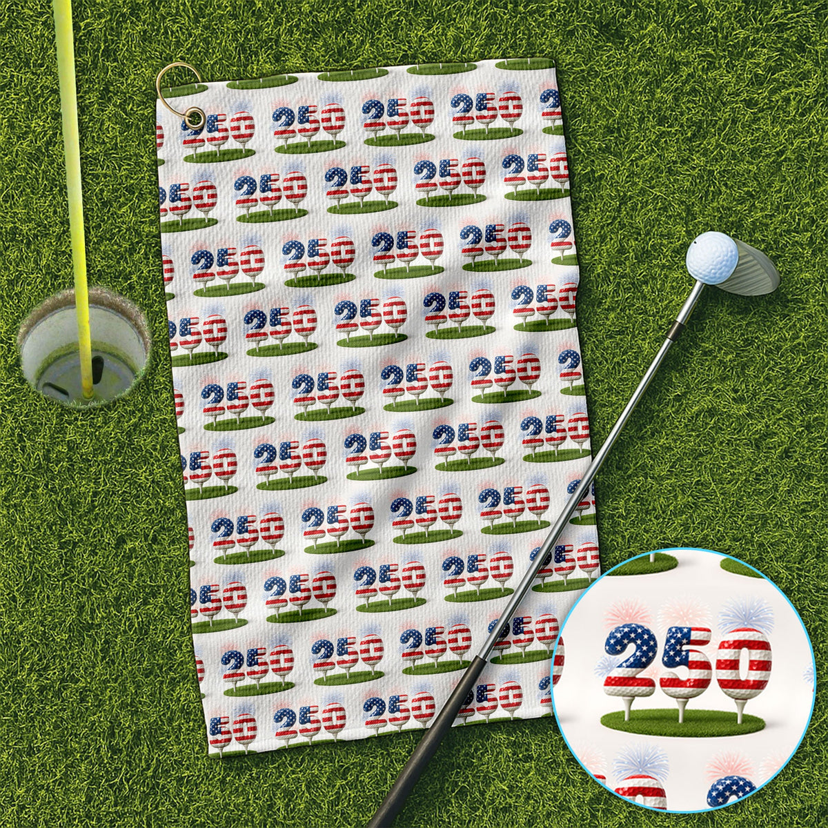 Men’s Golf Towel, 250th Anniversary USA Golf Towels, 250 USA Birthday Pattern Golf TowelFor Golfer