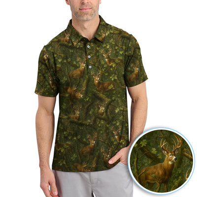 Whitetail Deer Forest Pattern Polo, Crazy Golf Shirt For Men, Golf Gift For Hunter