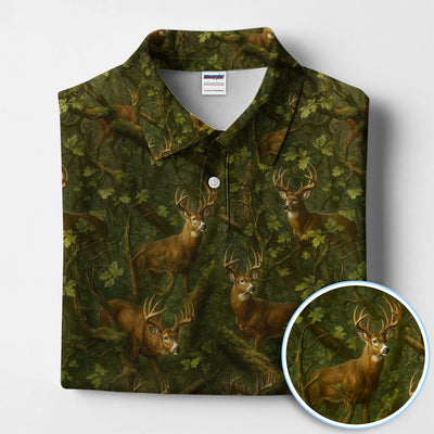 Whitetail Deer Forest Pattern Polo, Crazy Golf Shirt For Men, Golf Gift For Hunter