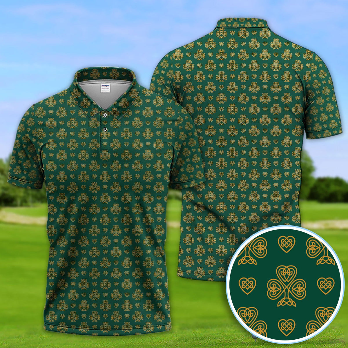 St. Patrick’s Day Shamrock Golf Polos, Celtic Clover Pattern Golfer Shirt, Irish Green Golf Gift For Golfer