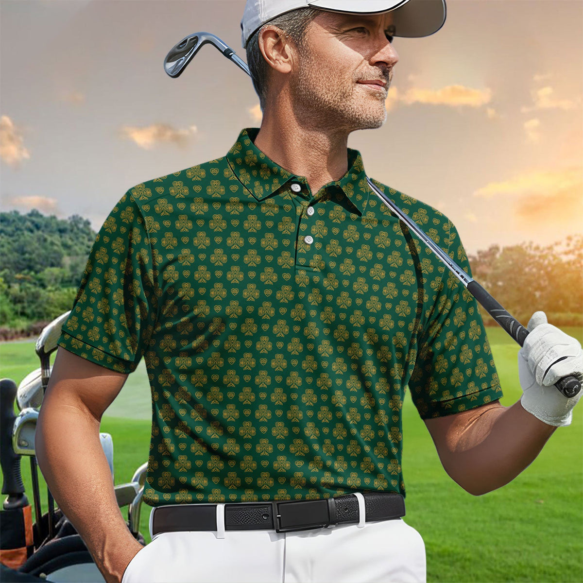 St. Patrick’s Day Shamrock Golf Polos, Celtic Clover Pattern Golfer Shirt, Irish Green Golf Gift For Golfer