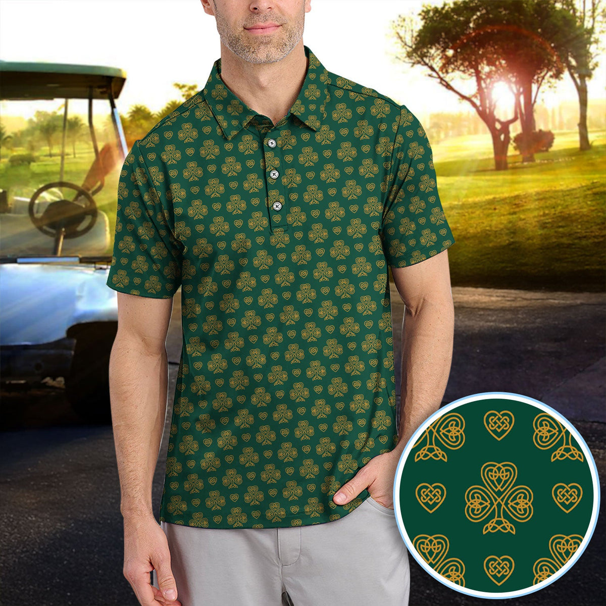 St. Patrick’s Day Shamrock Golf Polos, Celtic Clover Pattern Golfer Shirt, Irish Green Golf Gift For Golfer