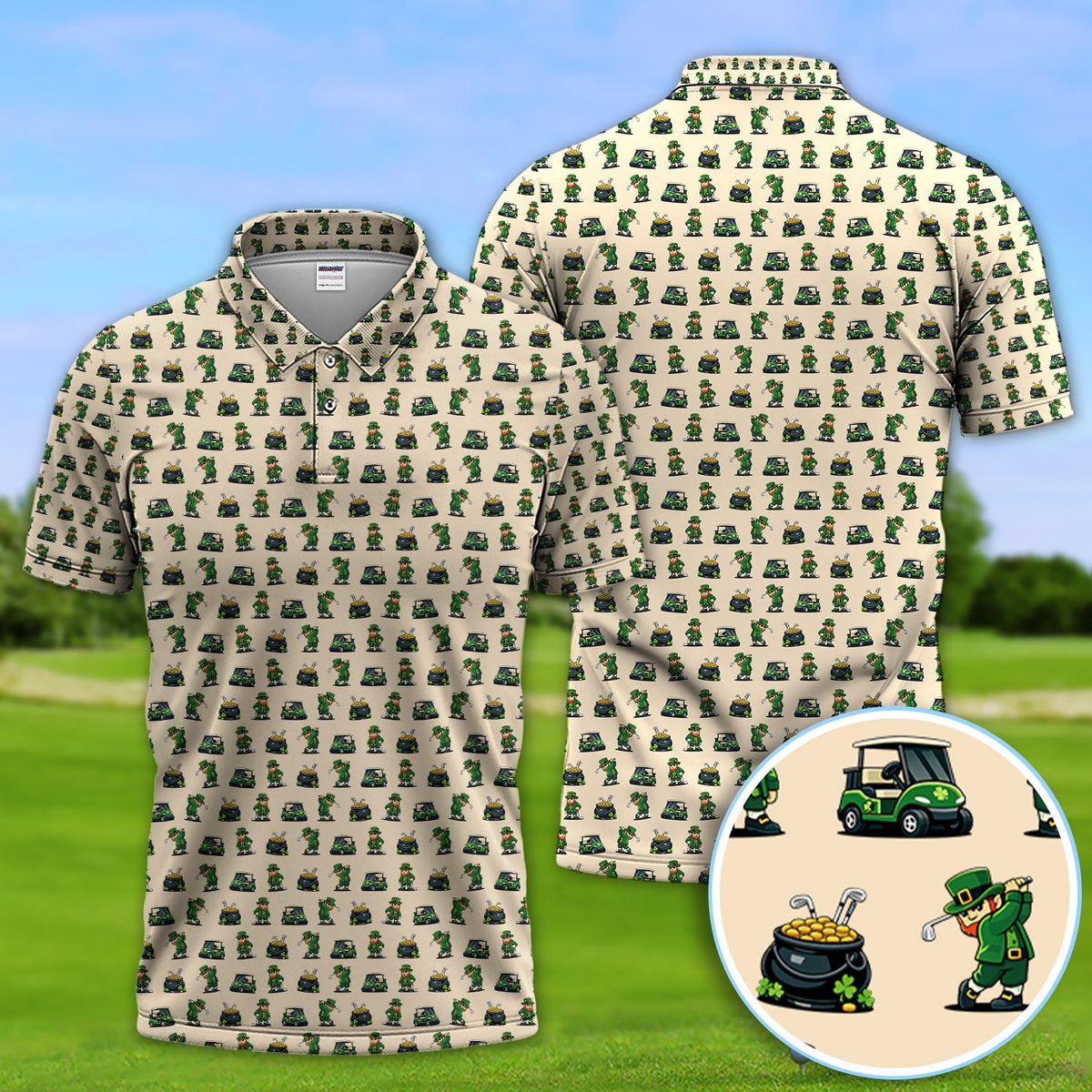 St. Patrick’s Day Pattern Golf Polos, Leprechaun Golf Shirt, Funny Golf Shirts For Men
